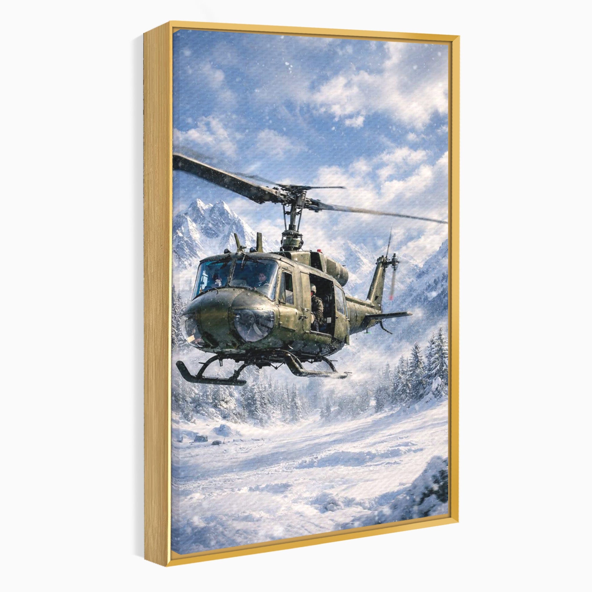 Tablou Canvas Premium LuxCanva® PI1289, Elicopter In Muntii Inzapeziti, Militar, Iarna, Peisaj Montan, Aventura, Zbor, Dormitor, Birou, Culori Vibrante