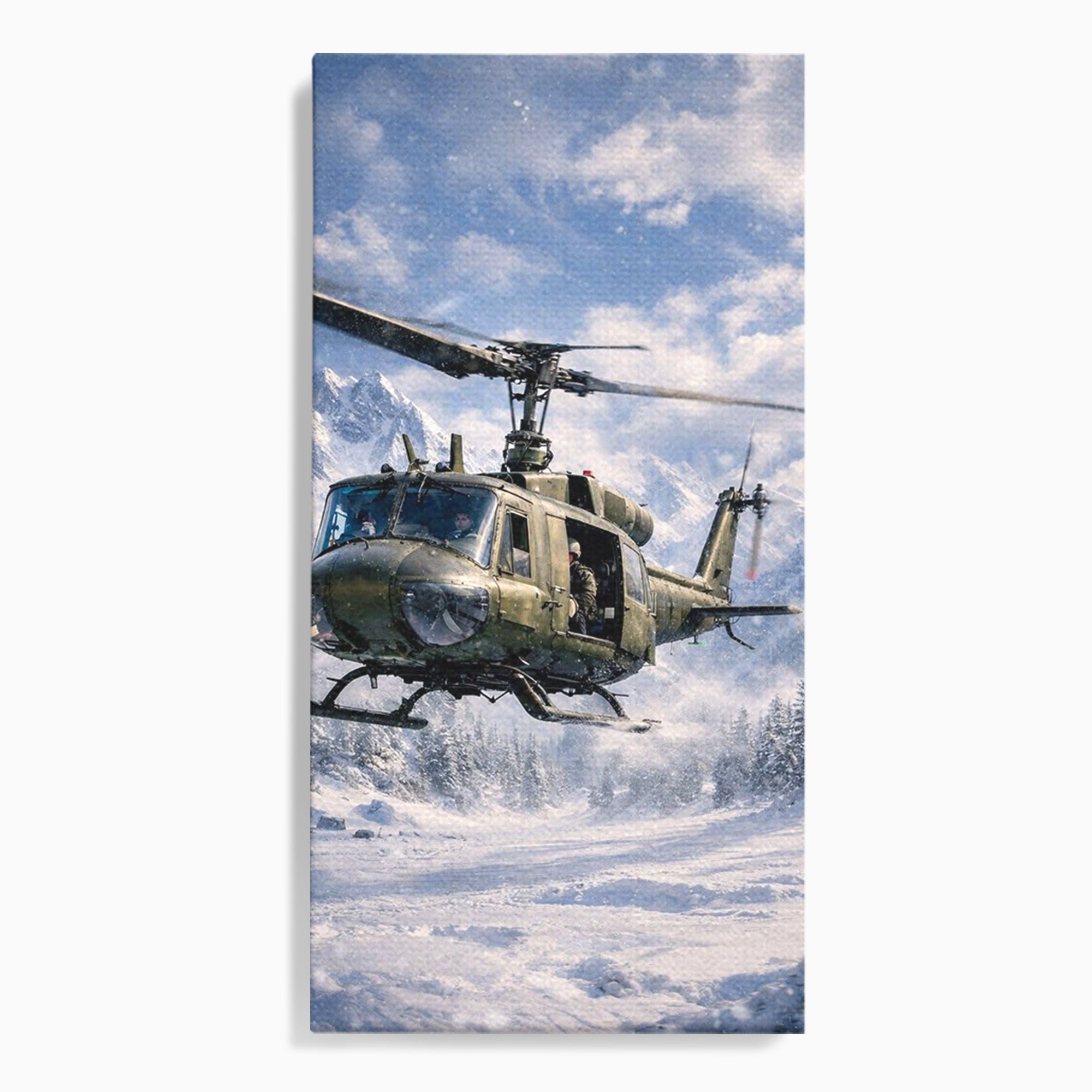 Tablou Canvas Premium LuxCanva® PI1289, Elicopter In Muntii Inzapeziti, Militar, Iarna, Peisaj Montan, Aventura, Zbor, Dormitor, Birou, Culori Vibrante