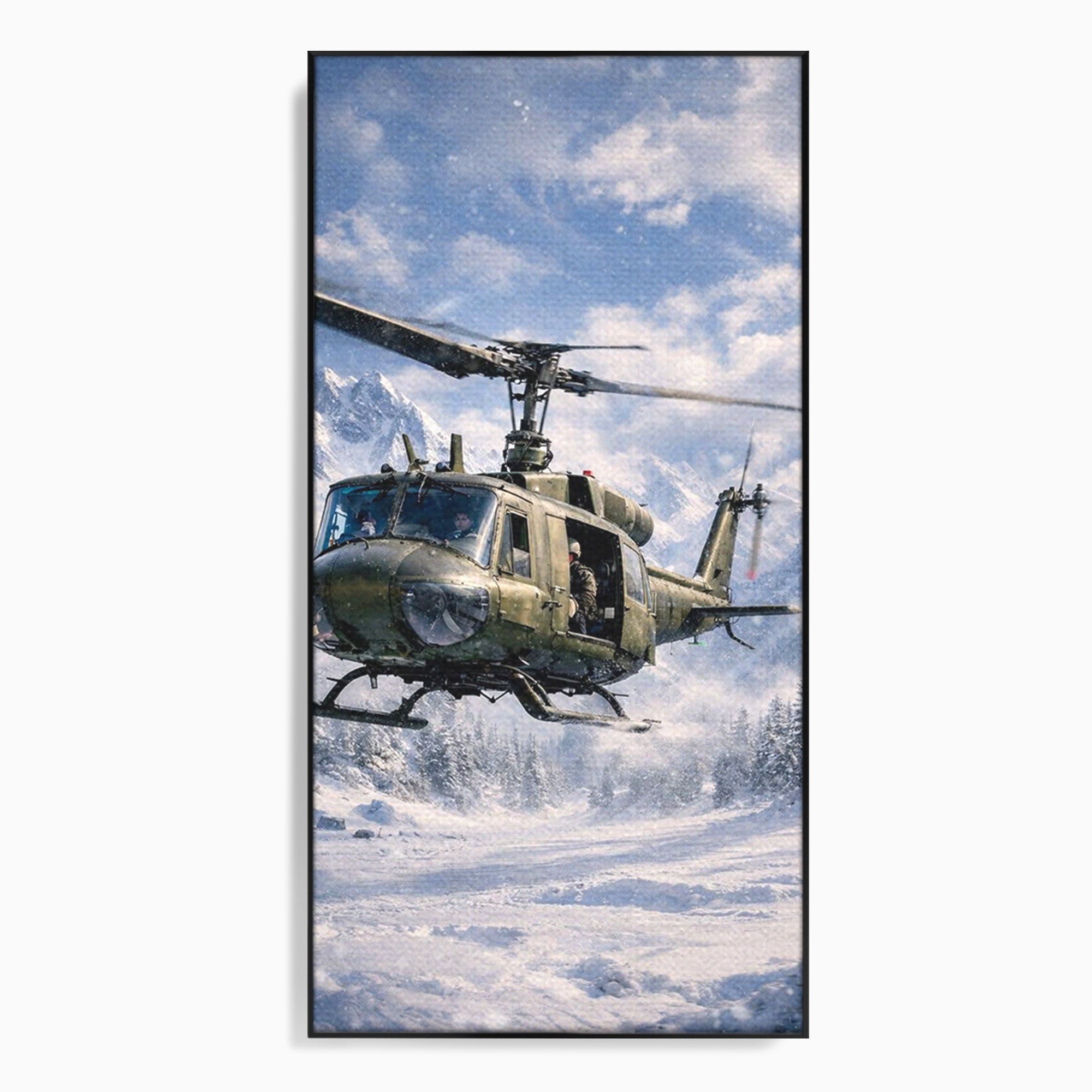 Tablou Canvas Premium LuxCanva® PI1289, Elicopter In Muntii Inzapeziti, Militar, Iarna, Peisaj Montan, Aventura, Zbor, Dormitor, Birou, Culori Vibrante