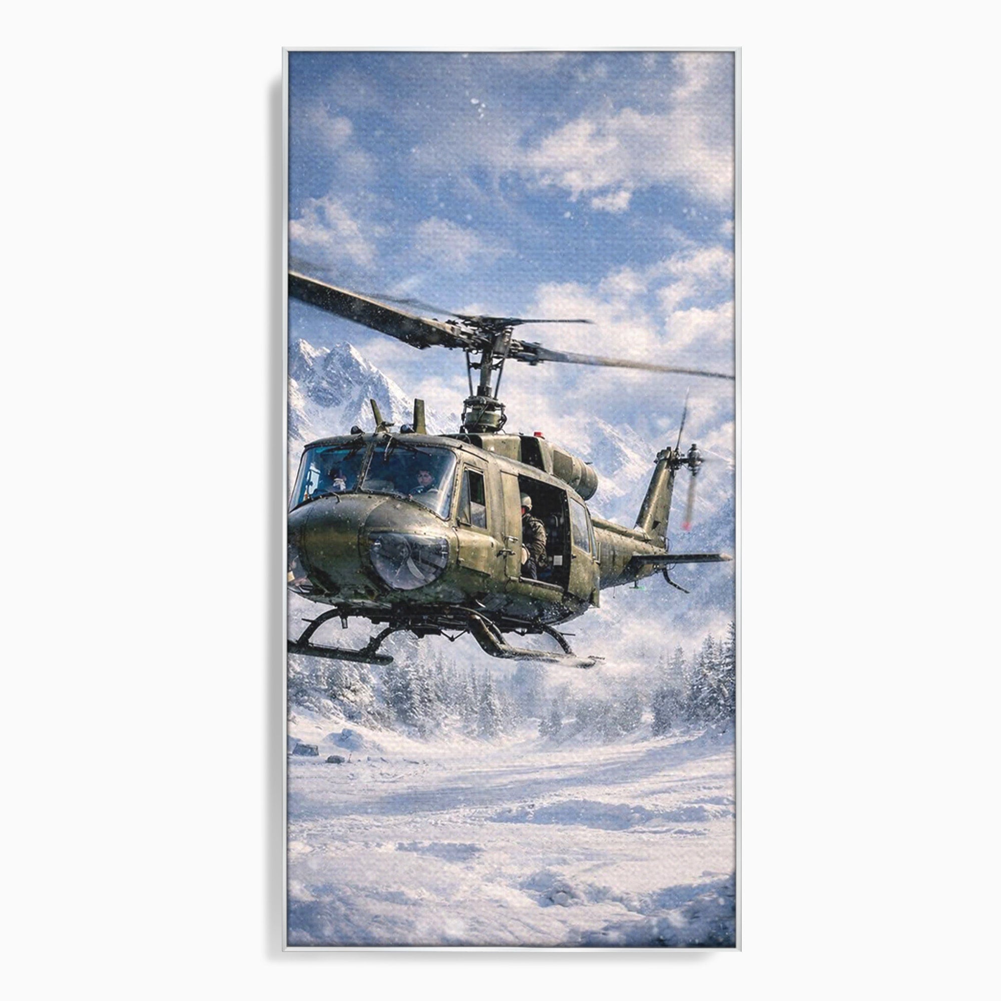 Tablou Canvas Premium LuxCanva® PI1289, Elicopter In Muntii Inzapeziti, Militar, Iarna, Peisaj Montan, Aventura, Zbor, Dormitor, Birou, Culori Vibrante