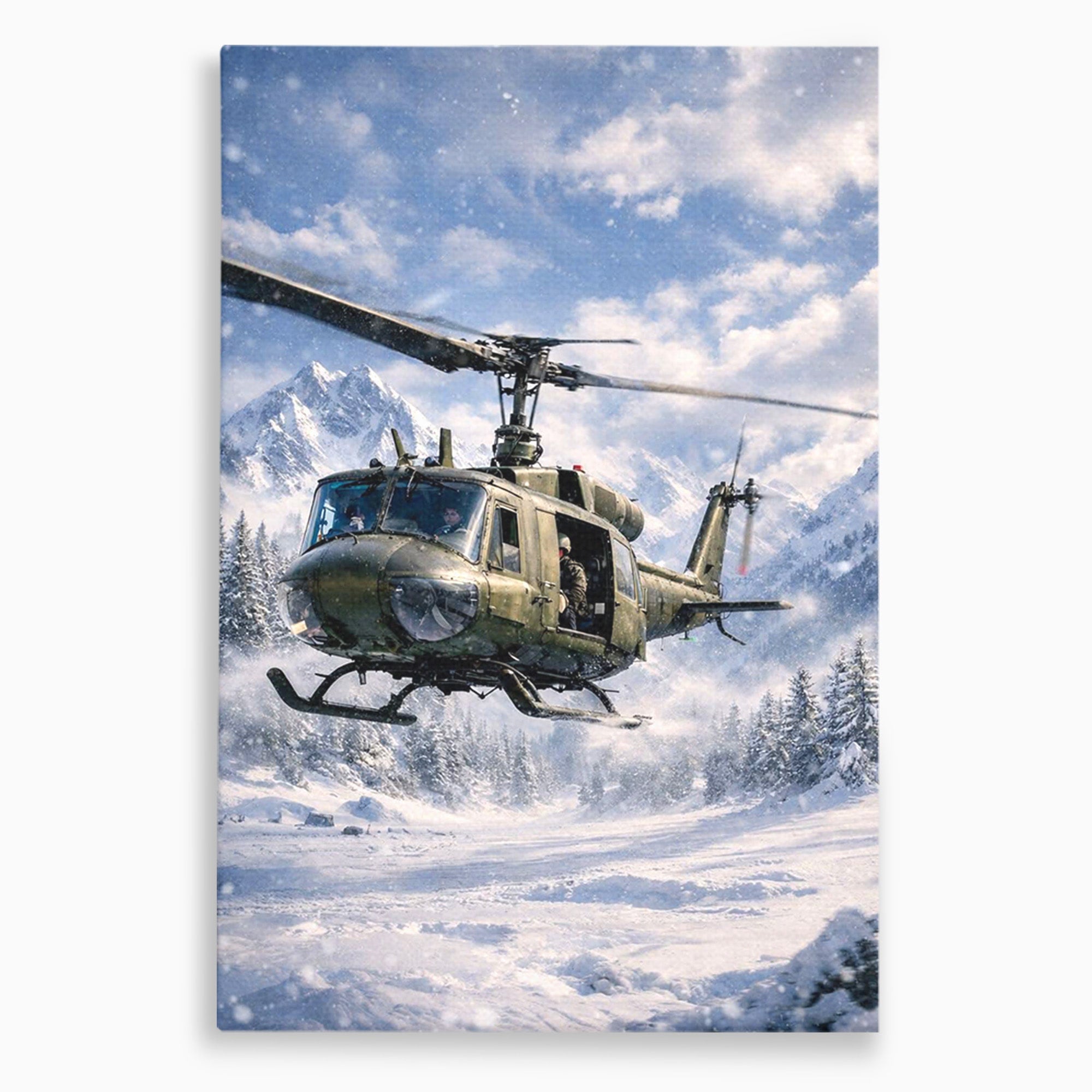 Tablou Canvas Premium LuxCanva® PI1289, Elicopter In Muntii Inzapeziti, Militar, Iarna, Peisaj Montan, Aventura, Zbor, Dormitor, Birou, Culori Vibrante