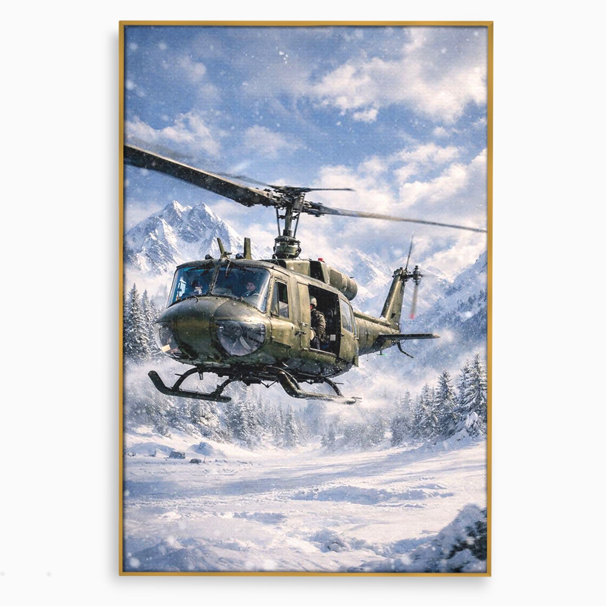 Tablou Canvas Premium LuxCanva® PI1289, Elicopter In Muntii Inzapeziti, Militar, Iarna, Peisaj Montan, Aventura, Zbor, Dormitor, Birou, Culori Vibrante