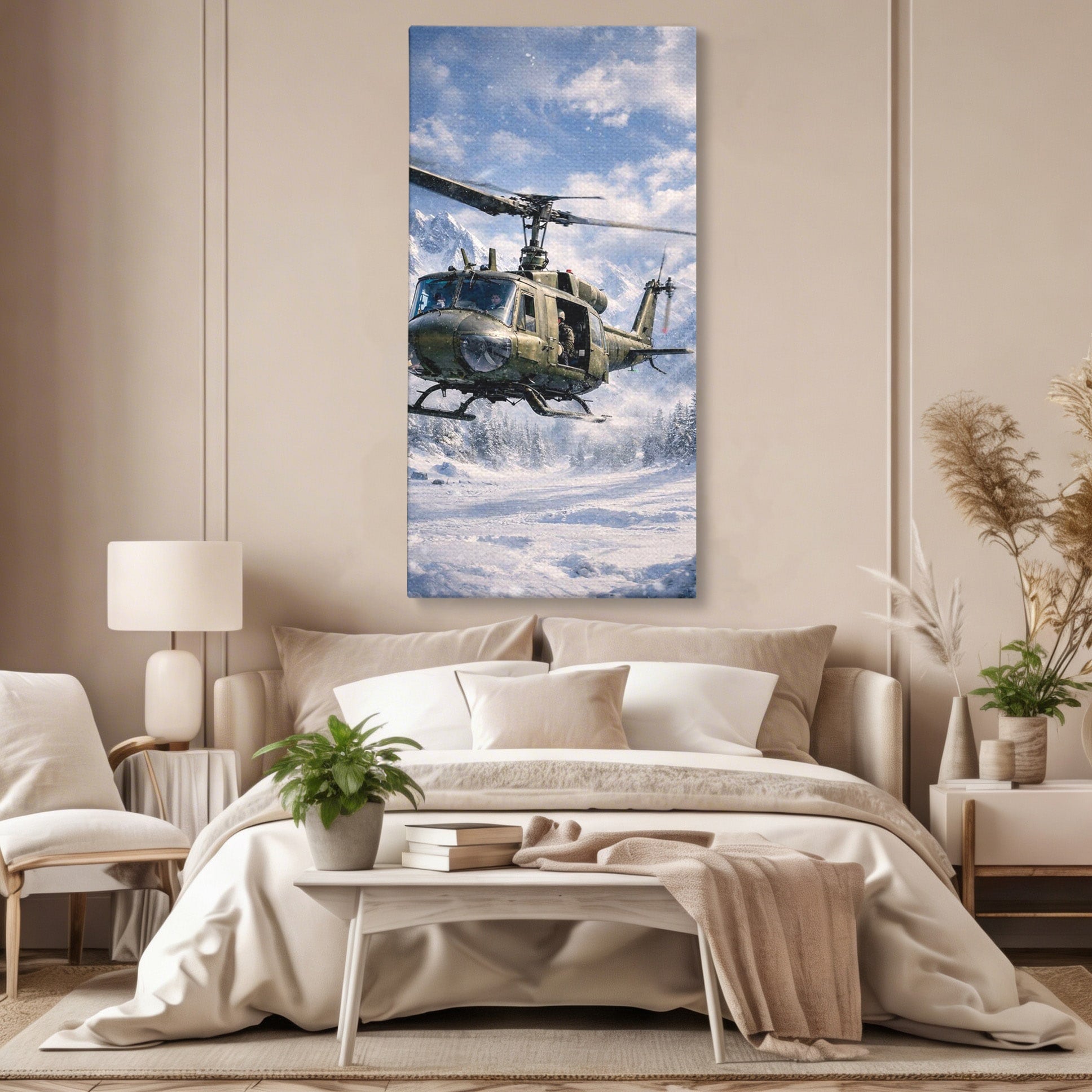 Tablou Canvas Premium LuxCanva® PI1289, Elicopter In Muntii Inzapeziti, Militar, Iarna, Peisaj Montan, Aventura, Zbor, Dormitor, Birou, Culori Vibrante