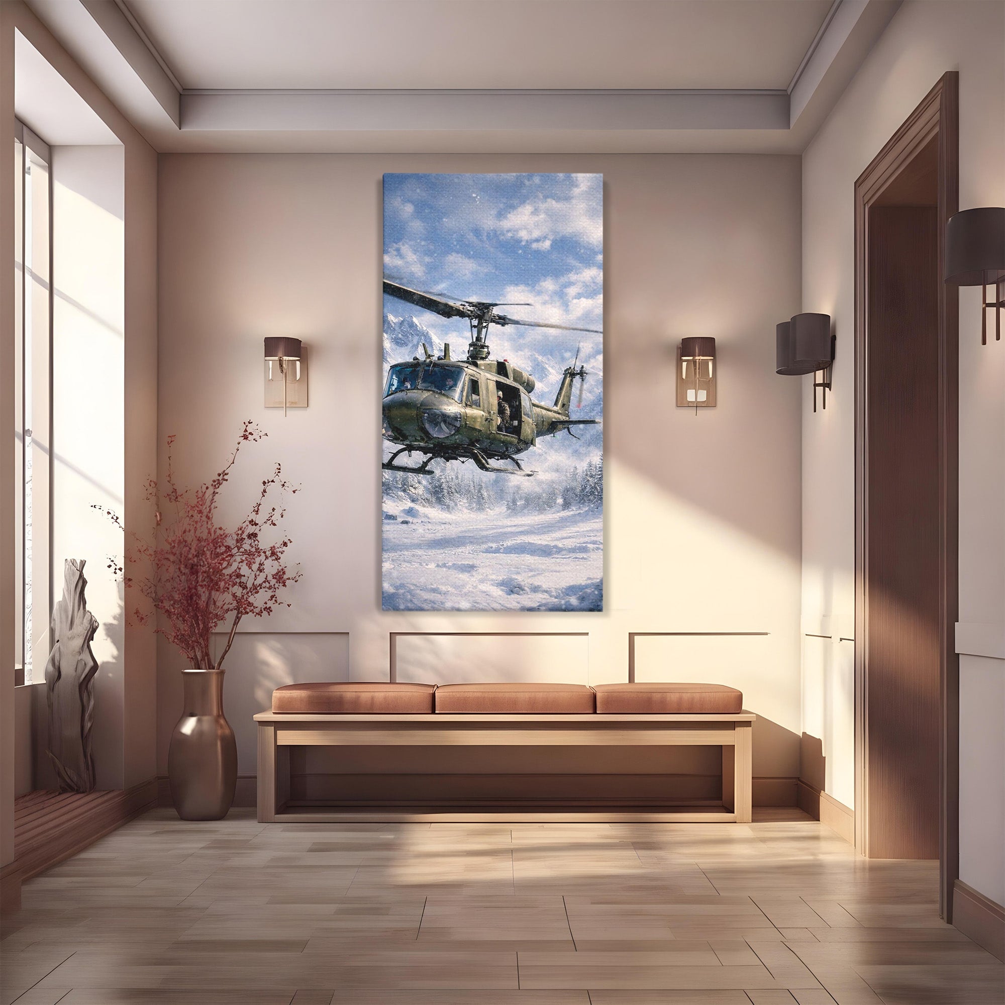 Tablou Canvas Premium LuxCanva® PI1289, Elicopter In Muntii Inzapeziti, Militar, Iarna, Peisaj Montan, Aventura, Zbor, Dormitor, Birou, Culori Vibrante