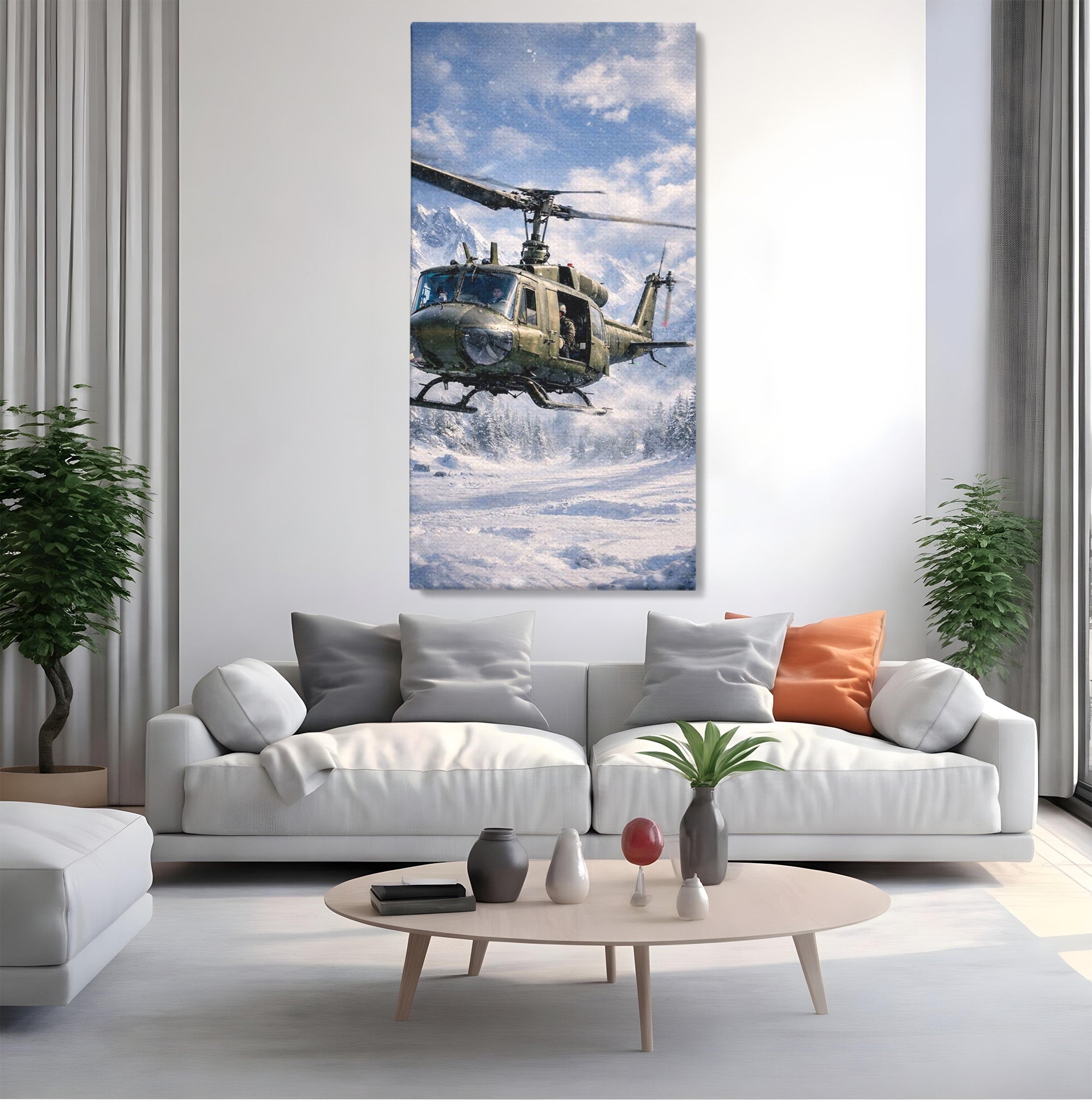 Tablou Canvas Premium LuxCanva® PI1289, Elicopter In Muntii Inzapeziti, Militar, Iarna, Peisaj Montan, Aventura, Zbor, Dormitor, Birou, Culori Vibrante