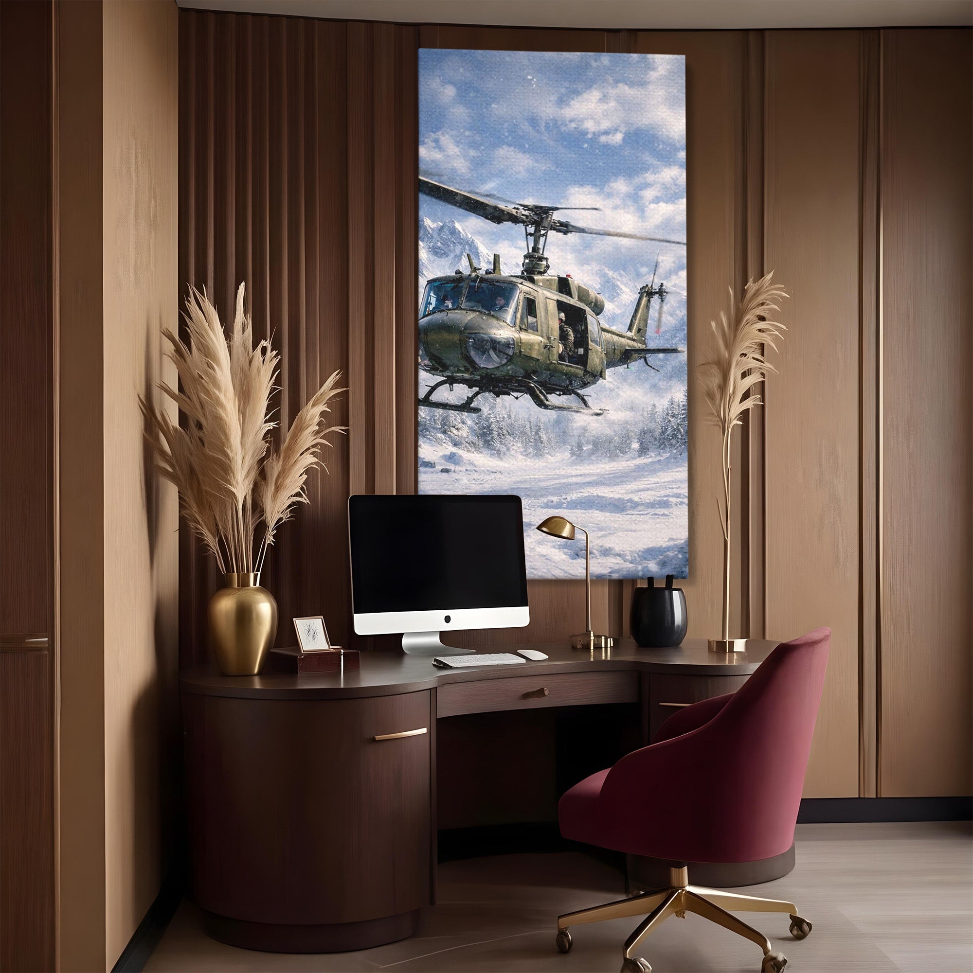 Tablou Canvas Premium LuxCanva® PI1289, Elicopter In Muntii Inzapeziti, Militar, Iarna, Peisaj Montan, Aventura, Zbor, Dormitor, Birou, Culori Vibrante