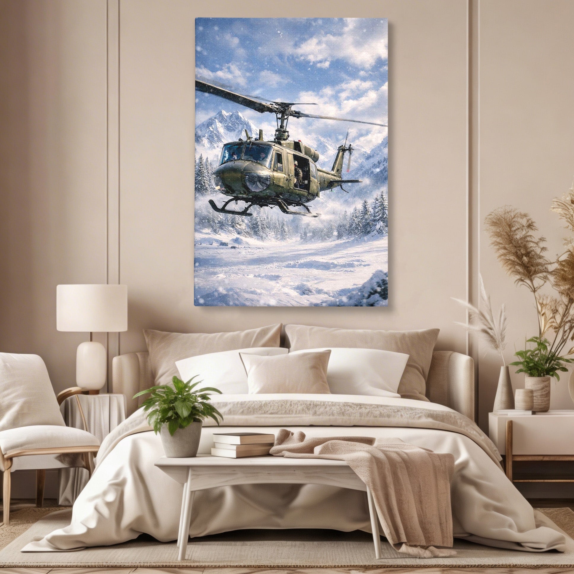 Tablou Canvas Premium LuxCanva® PI1289, Elicopter In Muntii Inzapeziti, Militar, Iarna, Peisaj Montan, Aventura, Zbor, Dormitor, Birou, Culori Vibrante