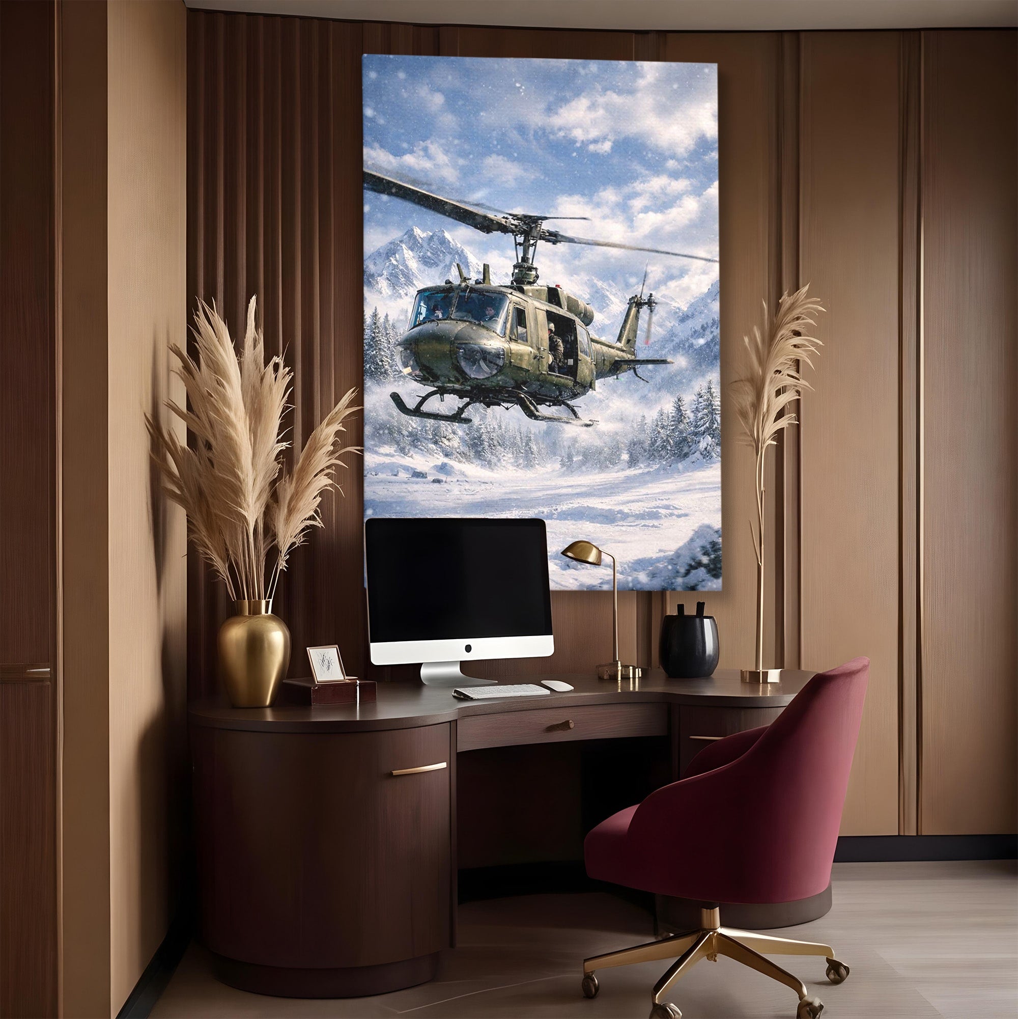 Tablou Canvas Premium LuxCanva® PI1289, Elicopter In Muntii Inzapeziti, Militar, Iarna, Peisaj Montan, Aventura, Zbor, Dormitor, Birou, Culori Vibrante