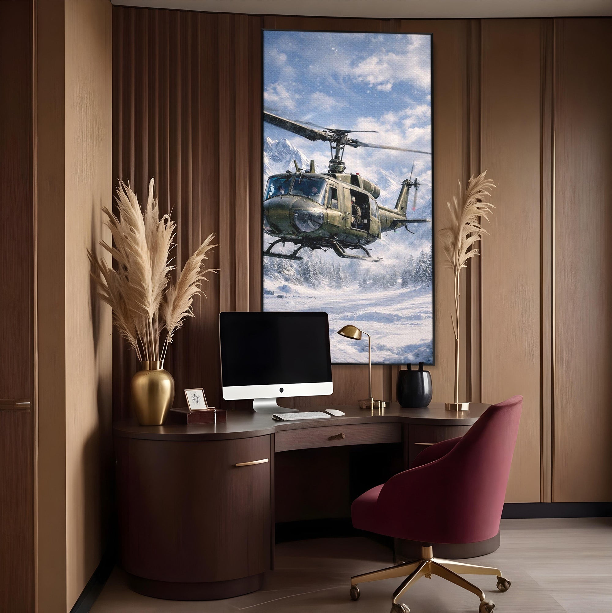 Tablou Canvas Premium LuxCanva® PI1289, Elicopter In Muntii Inzapeziti, Militar, Iarna, Peisaj Montan, Aventura, Zbor, Dormitor, Birou, Culori Vibrante