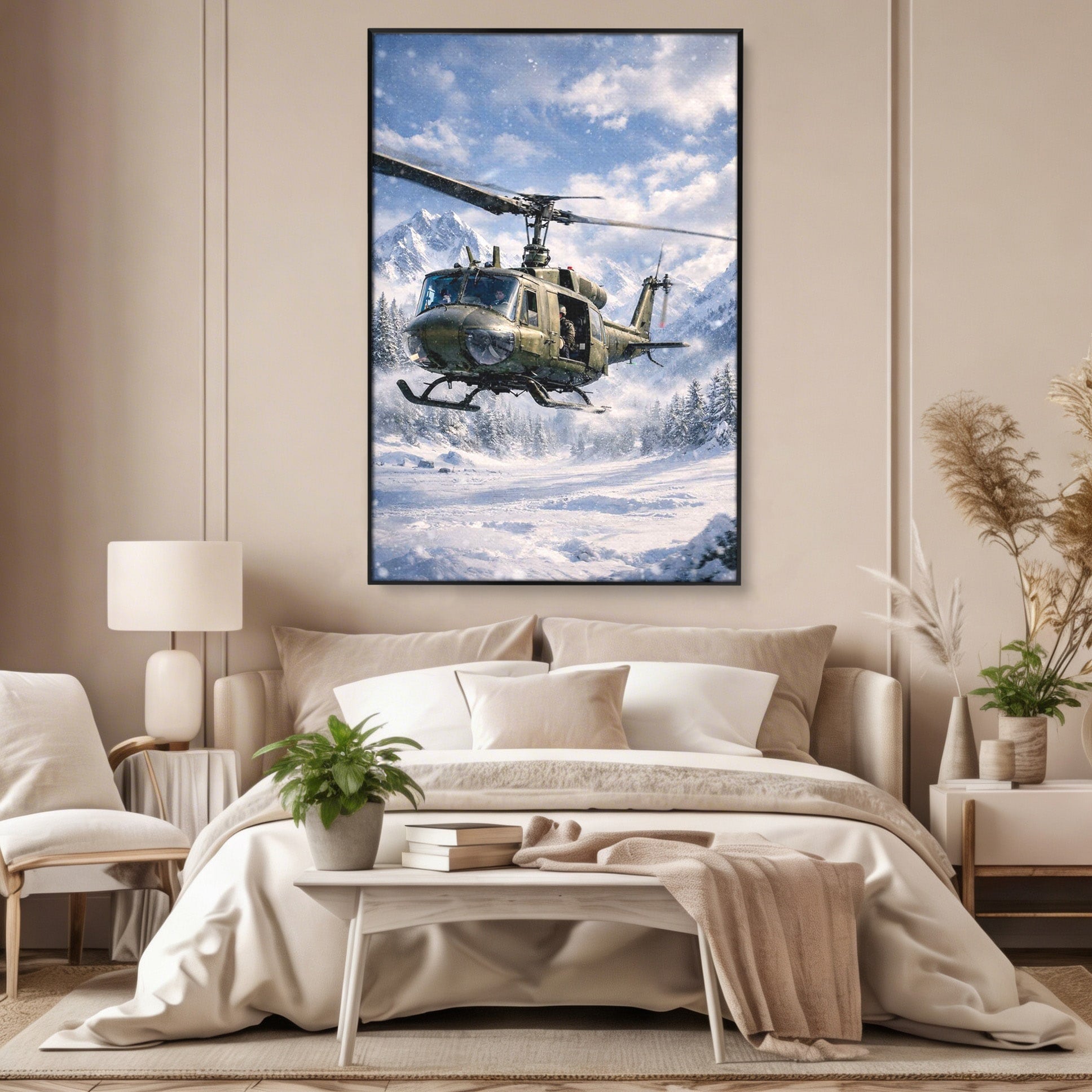 Tablou Canvas Premium LuxCanva® PI1289, Elicopter In Muntii Inzapeziti, Militar, Iarna, Peisaj Montan, Aventura, Zbor, Dormitor, Birou, Culori Vibrante