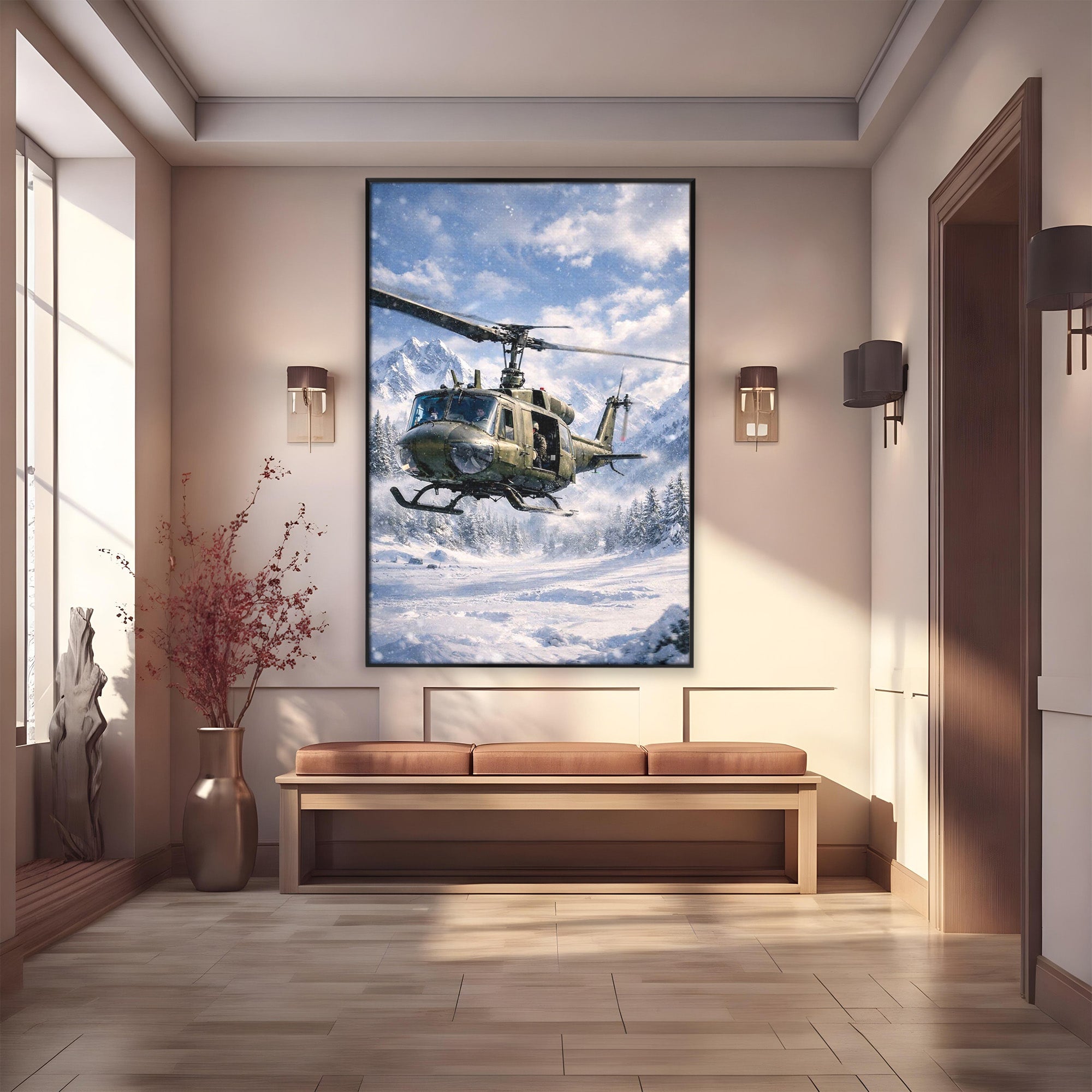 Tablou Canvas Premium LuxCanva® PI1289, Elicopter In Muntii Inzapeziti, Militar, Iarna, Peisaj Montan, Aventura, Zbor, Dormitor, Birou, Culori Vibrante
