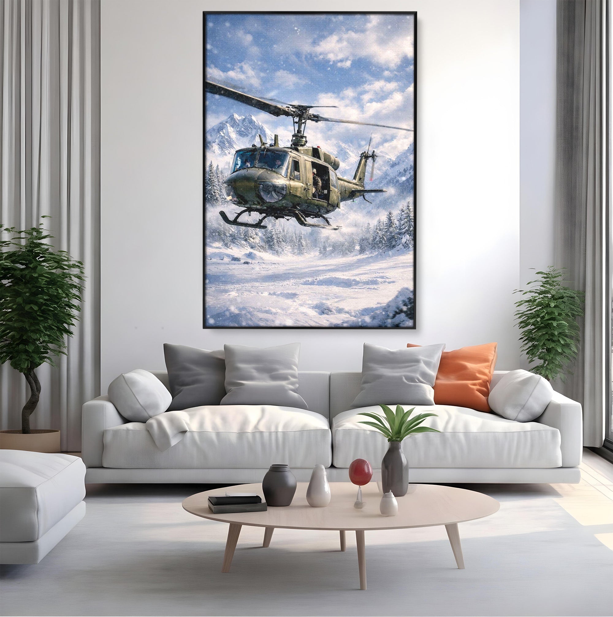 Tablou Canvas Premium LuxCanva® PI1289, Elicopter In Muntii Inzapeziti, Militar, Iarna, Peisaj Montan, Aventura, Zbor, Dormitor, Birou, Culori Vibrante