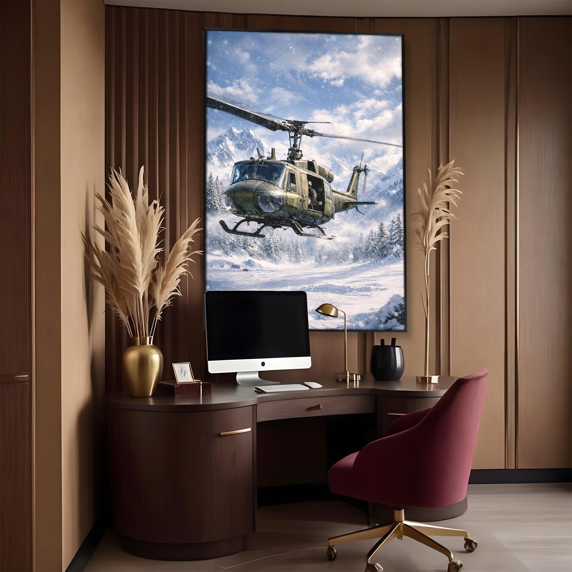 Tablou Canvas Premium LuxCanva® PI1289, Elicopter In Muntii Inzapeziti, Militar, Iarna, Peisaj Montan, Aventura, Zbor, Dormitor, Birou, Culori Vibrante