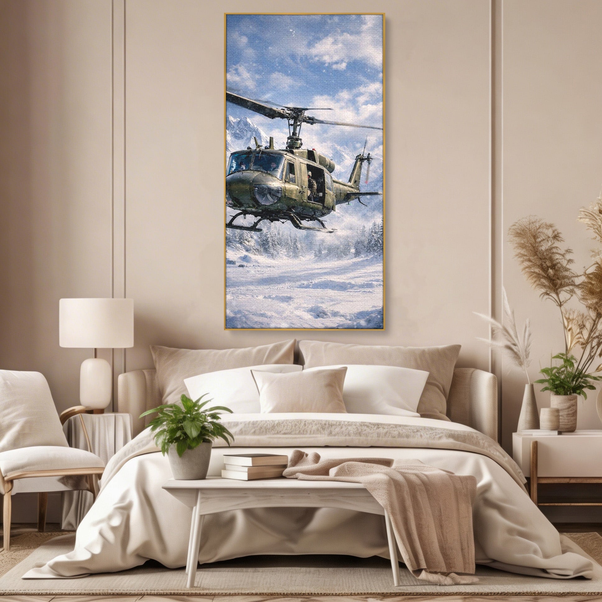Tablou Canvas Premium LuxCanva® PI1289, Elicopter In Muntii Inzapeziti, Militar, Iarna, Peisaj Montan, Aventura, Zbor, Dormitor, Birou, Culori Vibrante