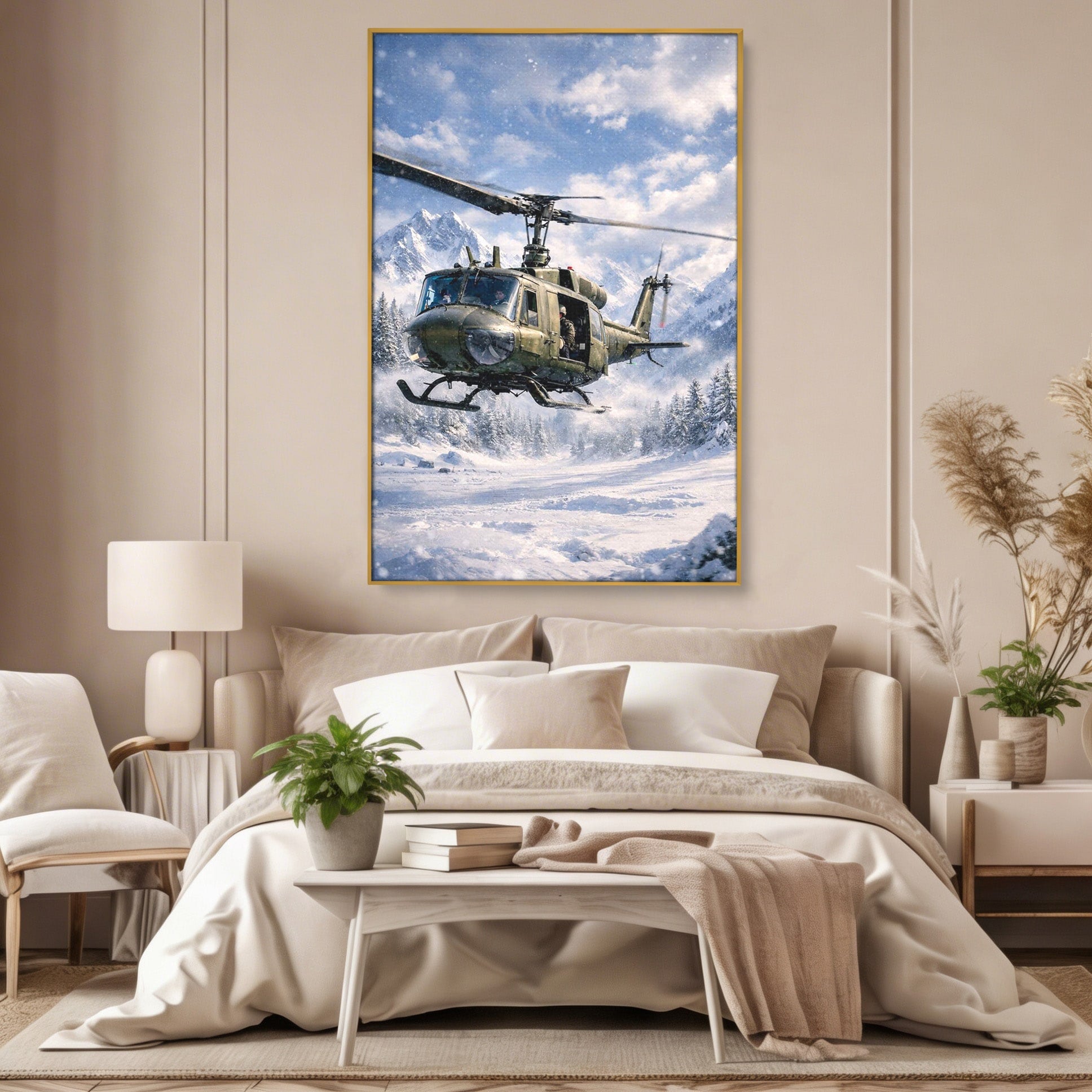 Tablou Canvas Premium LuxCanva® PI1289, Elicopter In Muntii Inzapeziti, Militar, Iarna, Peisaj Montan, Aventura, Zbor, Dormitor, Birou, Culori Vibrante