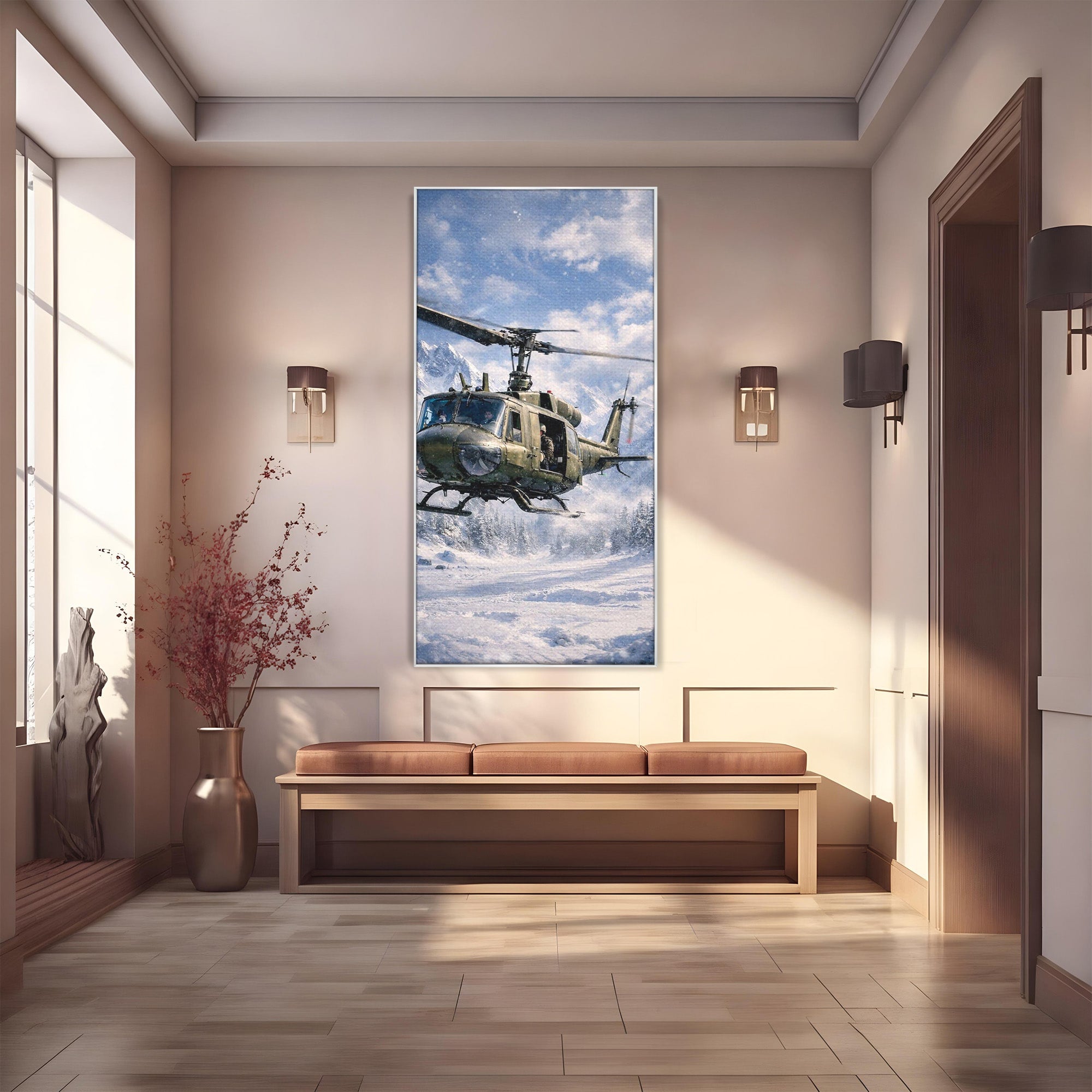Tablou Canvas Premium LuxCanva® PI1289, Elicopter In Muntii Inzapeziti, Militar, Iarna, Peisaj Montan, Aventura, Zbor, Dormitor, Birou, Culori Vibrante