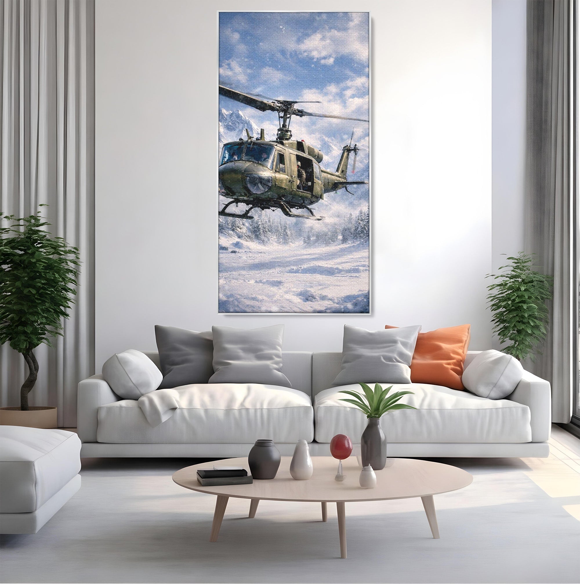 Tablou Canvas Premium LuxCanva® PI1289, Elicopter In Muntii Inzapeziti, Militar, Iarna, Peisaj Montan, Aventura, Zbor, Dormitor, Birou, Culori Vibrante
