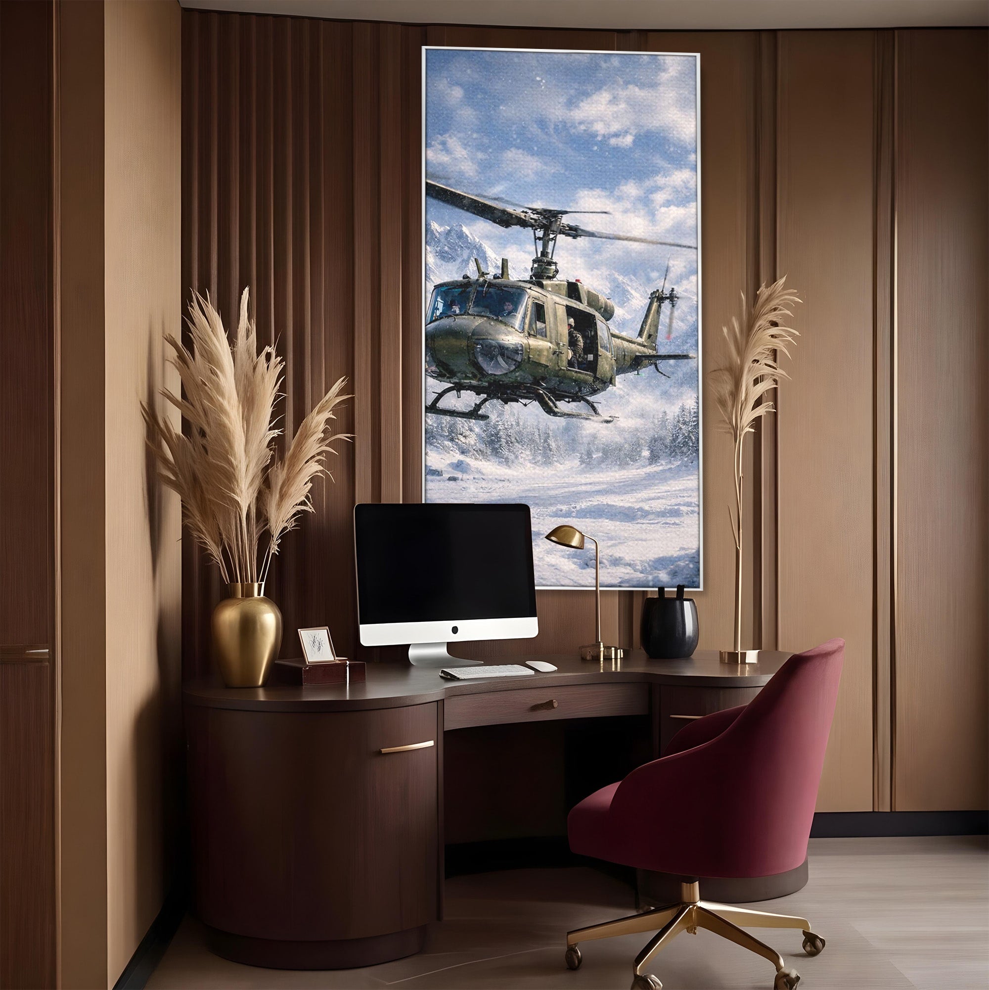 Tablou Canvas Premium LuxCanva® PI1289, Elicopter In Muntii Inzapeziti, Militar, Iarna, Peisaj Montan, Aventura, Zbor, Dormitor, Birou, Culori Vibrante