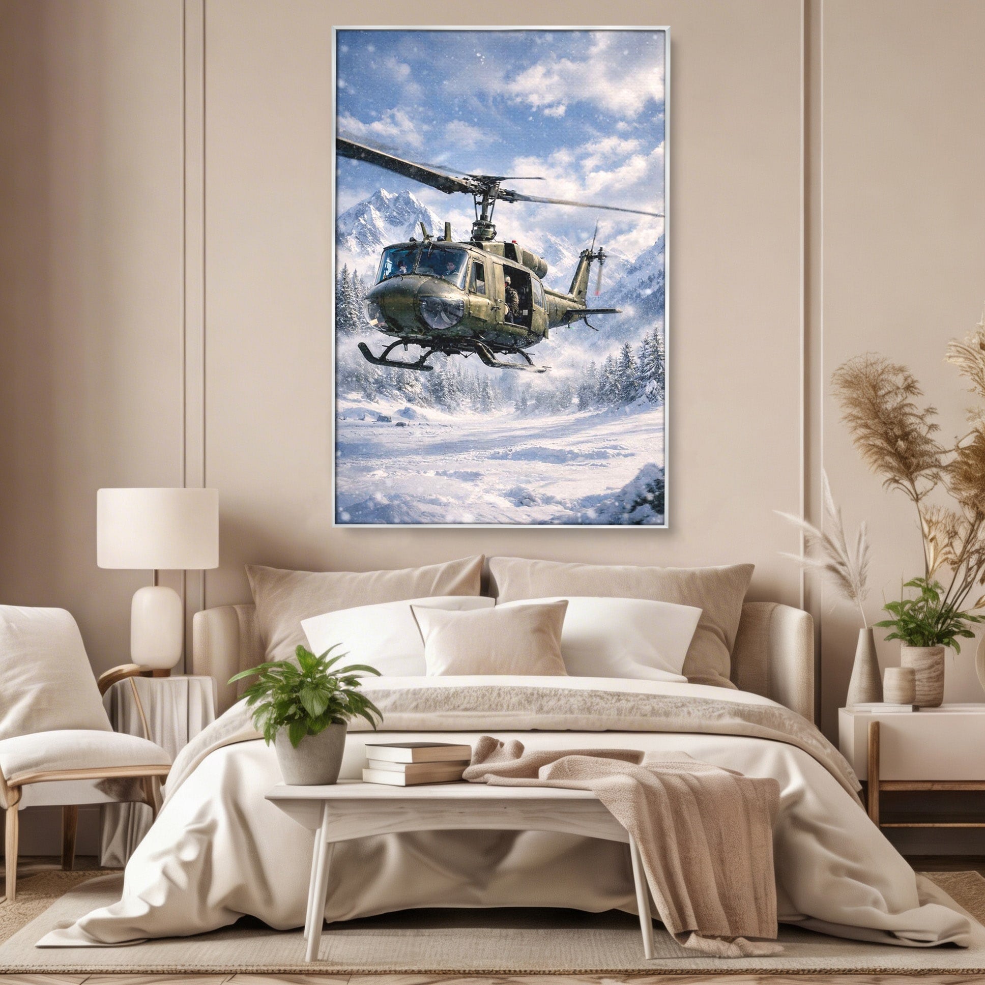Tablou Canvas Premium LuxCanva® PI1289, Elicopter In Muntii Inzapeziti, Militar, Iarna, Peisaj Montan, Aventura, Zbor, Dormitor, Birou, Culori Vibrante