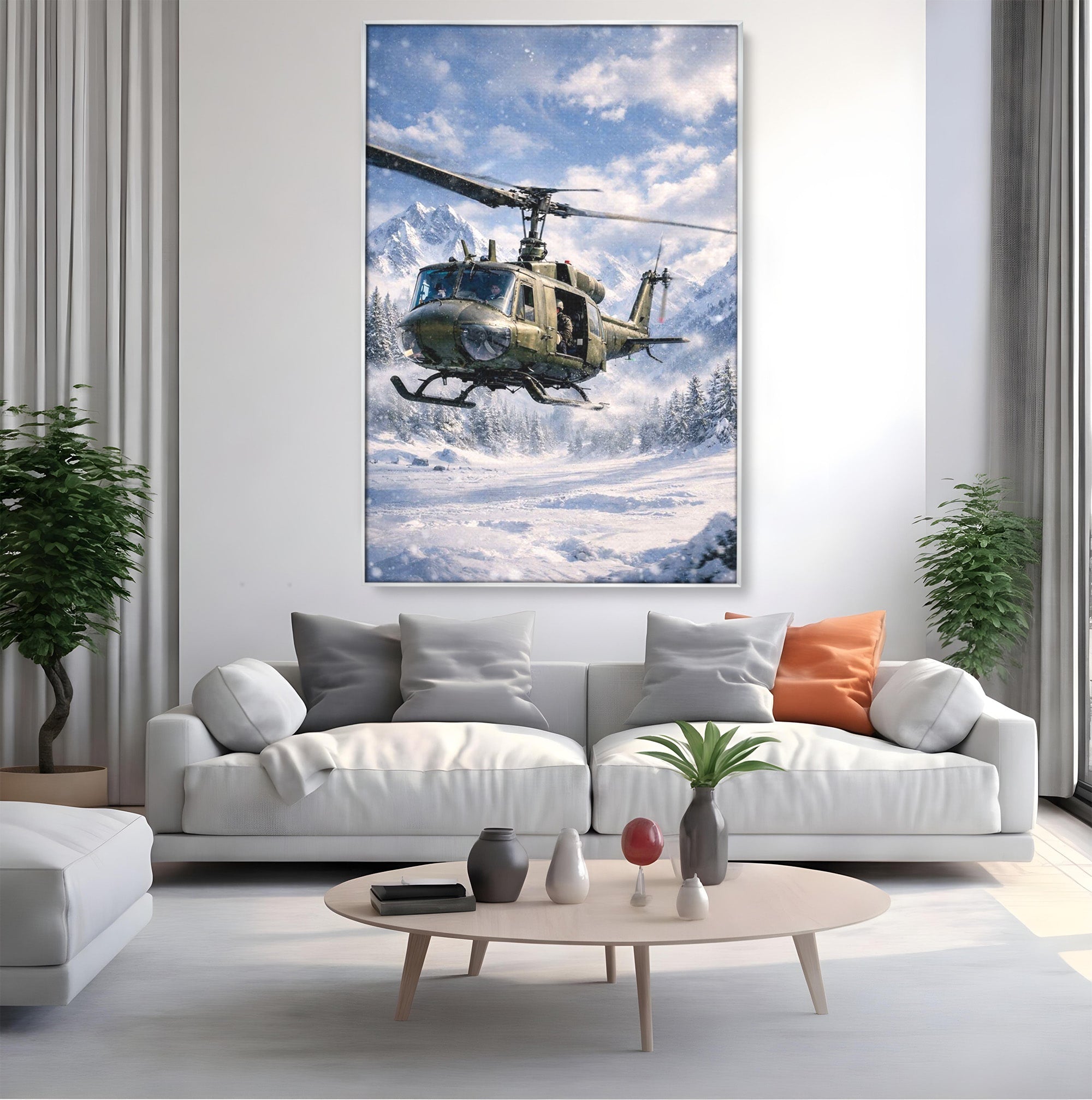 Tablou Canvas Premium LuxCanva® PI1289, Elicopter In Muntii Inzapeziti, Militar, Iarna, Peisaj Montan, Aventura, Zbor, Dormitor, Birou, Culori Vibrante