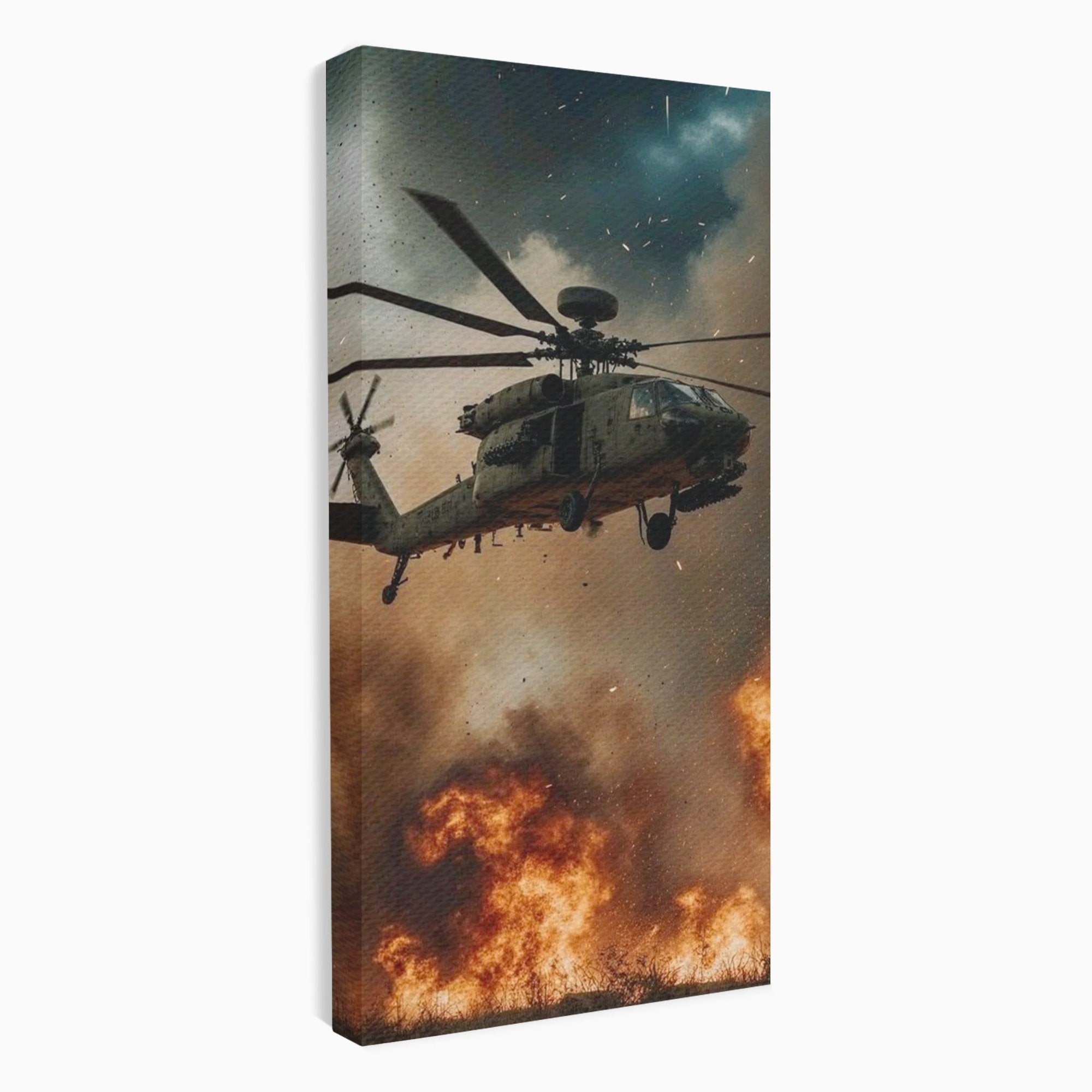 Tablou Canvas Premium LuxCanva® PI1290, Elicopter In Actiune, Foc, Actiune, Explozie, Cer, Dramatic, Living, Culori Vibrante