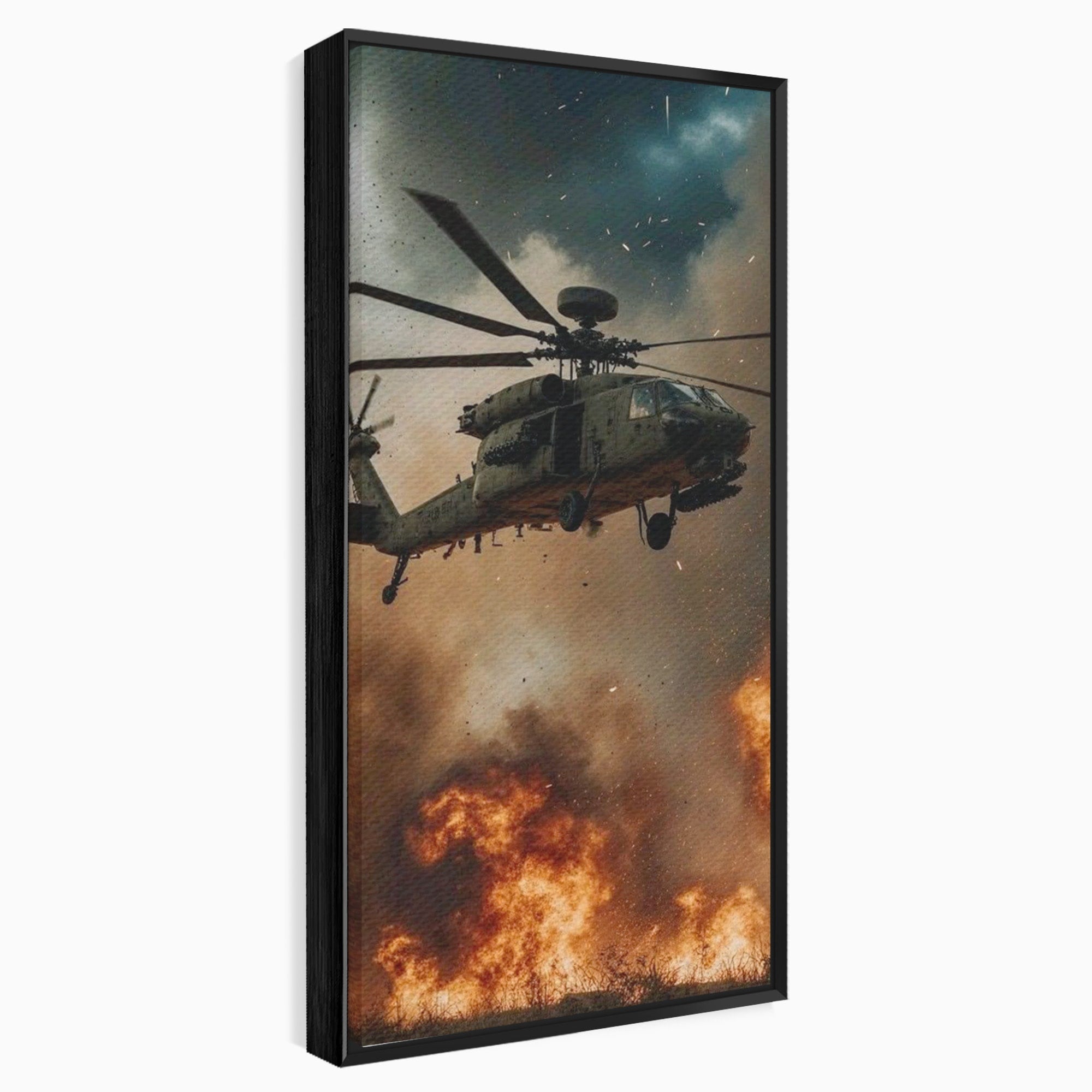 Tablou Canvas Premium LuxCanva® PI1290, Elicopter In Actiune, Foc, Actiune, Explozie, Cer, Dramatic, Living, Culori Vibrante