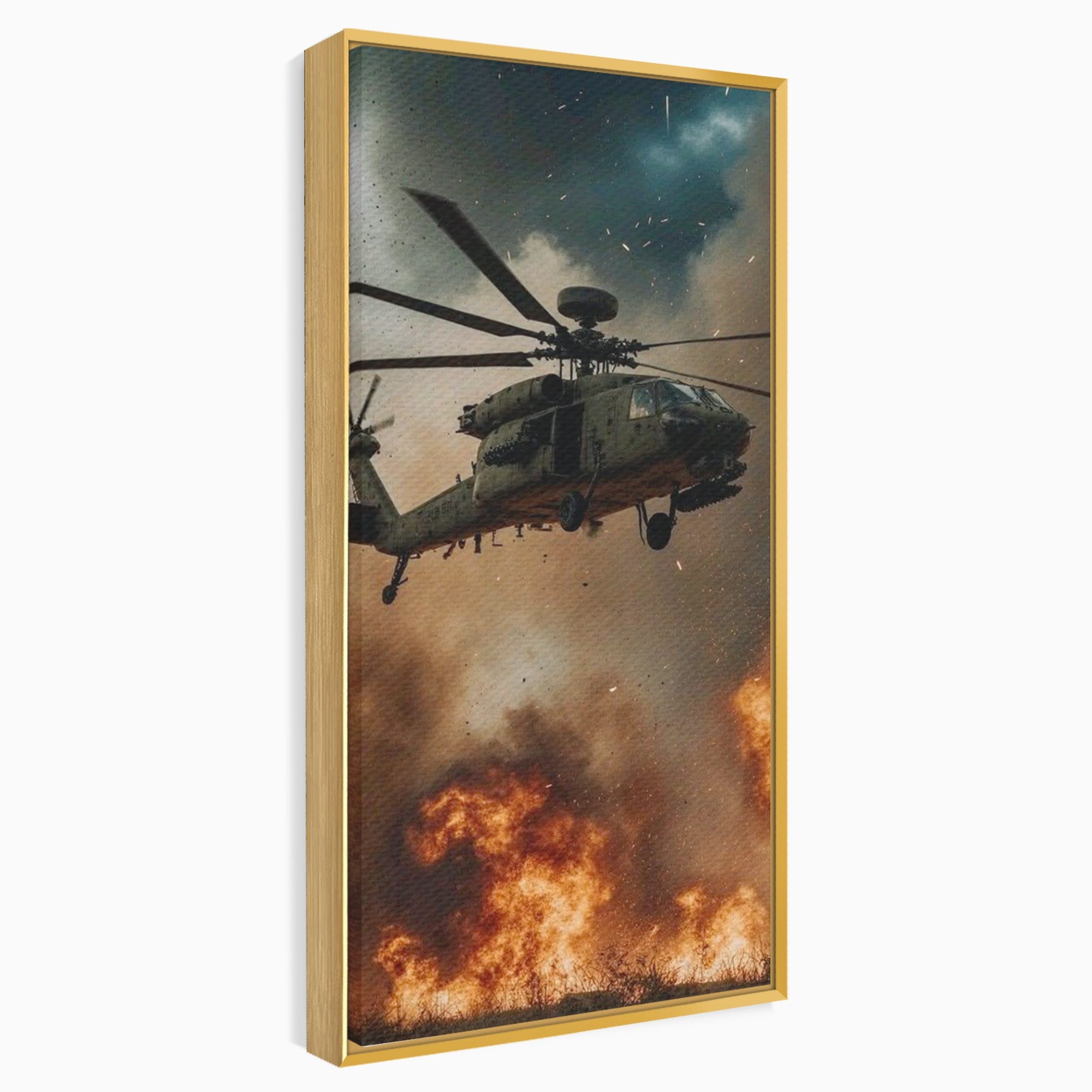 Tablou Canvas Premium LuxCanva® PI1290, Elicopter In Actiune, Foc, Actiune, Explozie, Cer, Dramatic, Living, Culori Vibrante