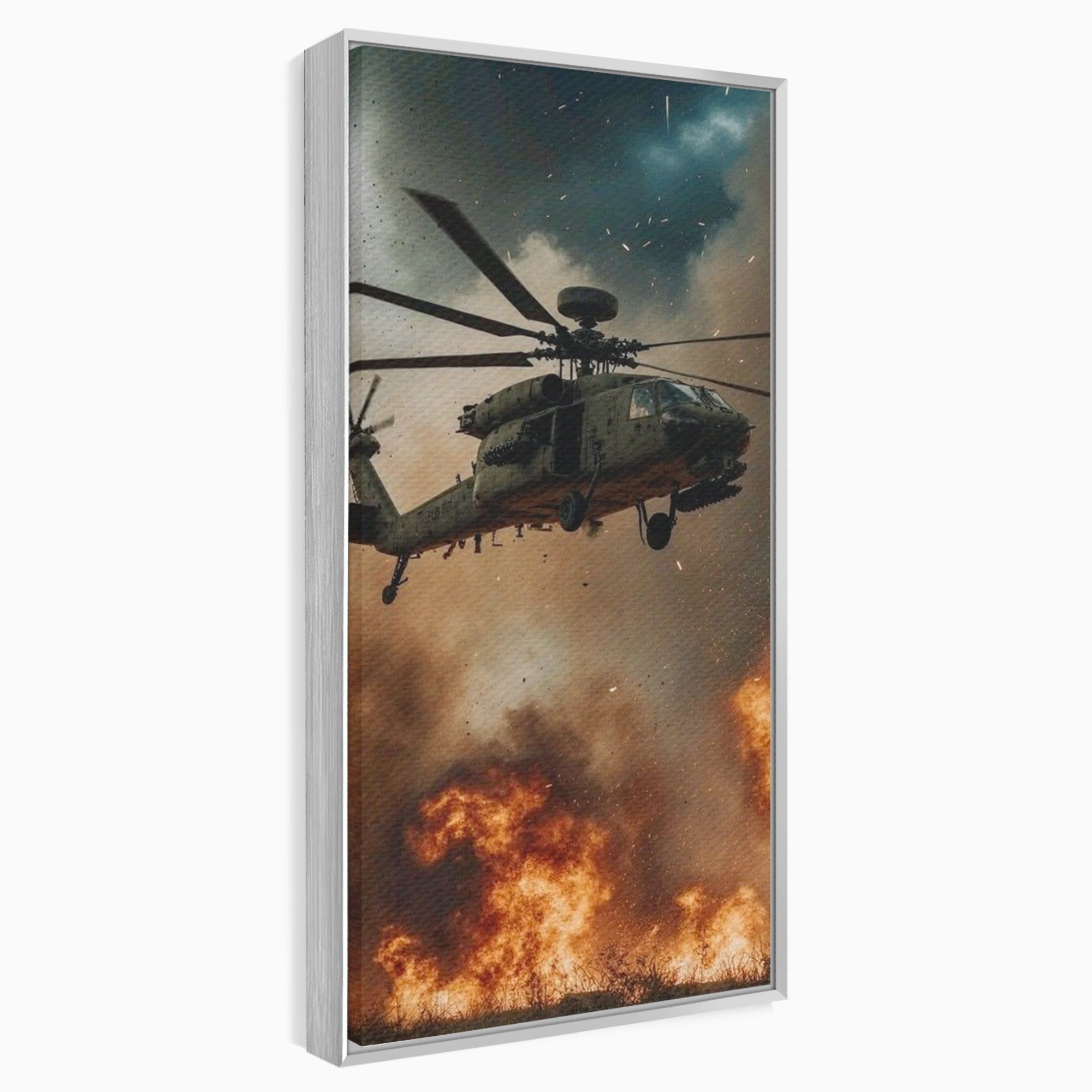 Tablou Canvas Premium LuxCanva® PI1290, Elicopter In Actiune, Foc, Actiune, Explozie, Cer, Dramatic, Living, Culori Vibrante