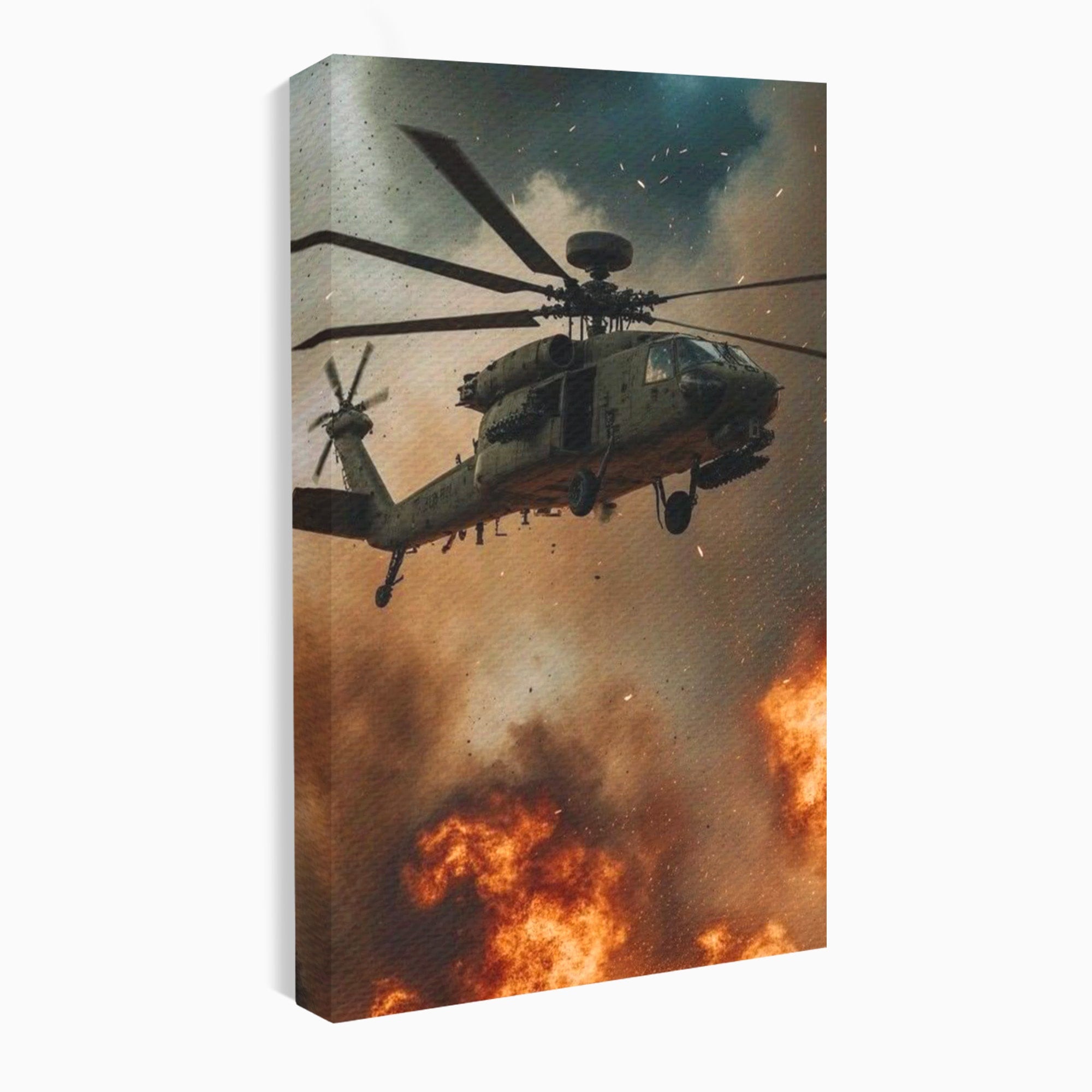 Tablou Canvas Premium LuxCanva® PI1290, Elicopter In Actiune, Foc, Actiune, Explozie, Cer, Dramatic, Living, Culori Vibrante