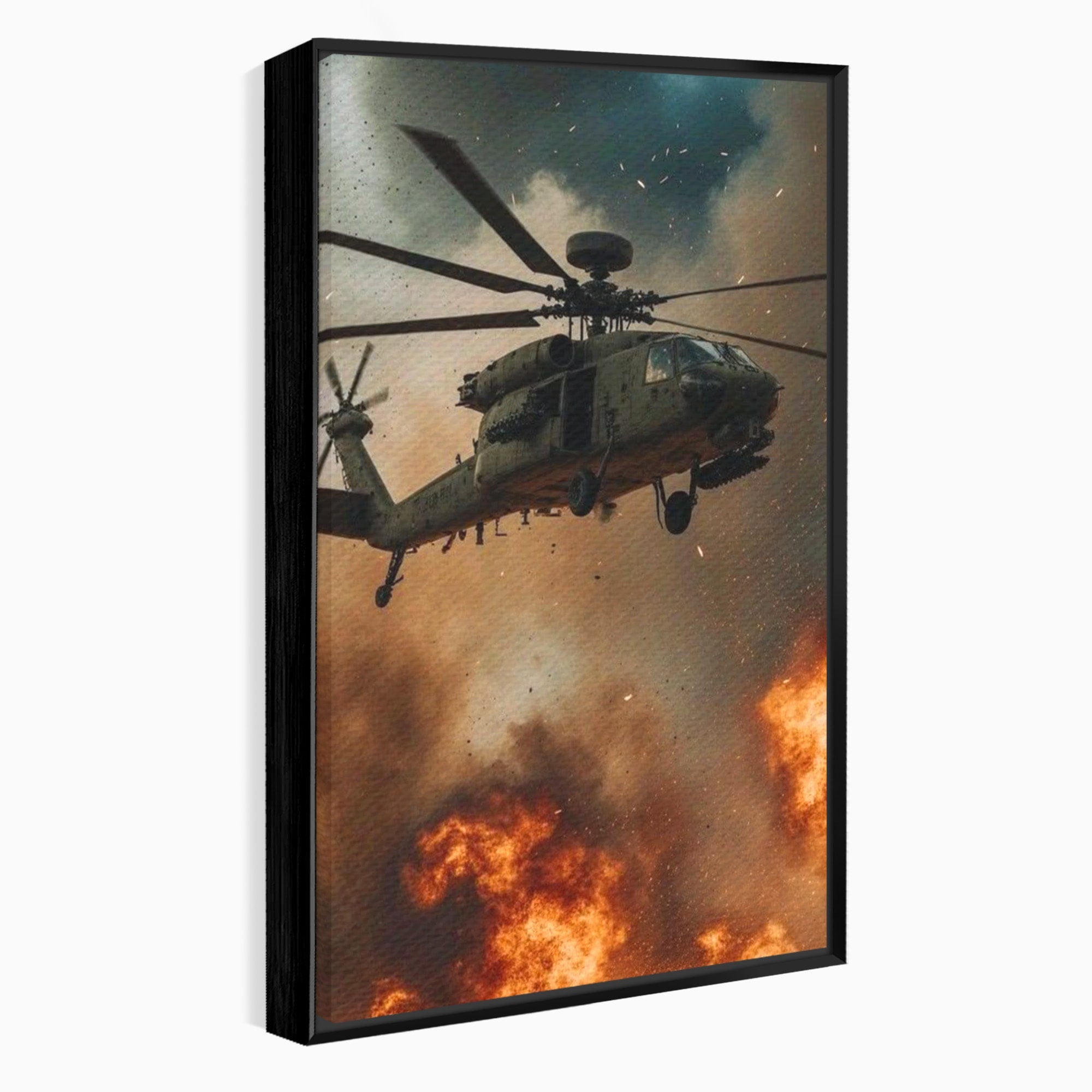 Tablou Canvas Premium LuxCanva® PI1290, Elicopter In Actiune, Foc, Actiune, Explozie, Cer, Dramatic, Living, Culori Vibrante