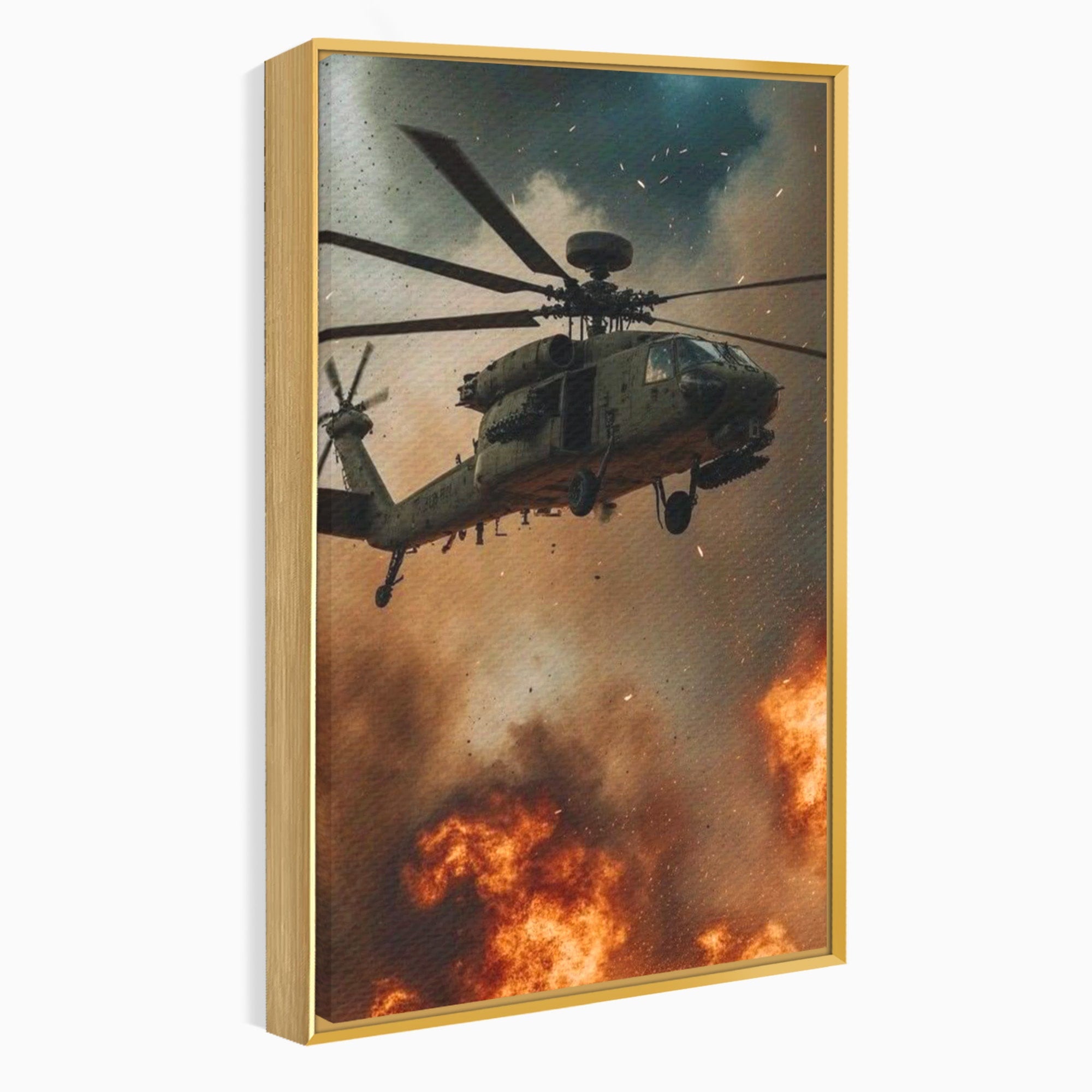 Tablou Canvas Premium LuxCanva® PI1290, Elicopter In Actiune, Foc, Actiune, Explozie, Cer, Dramatic, Living, Culori Vibrante