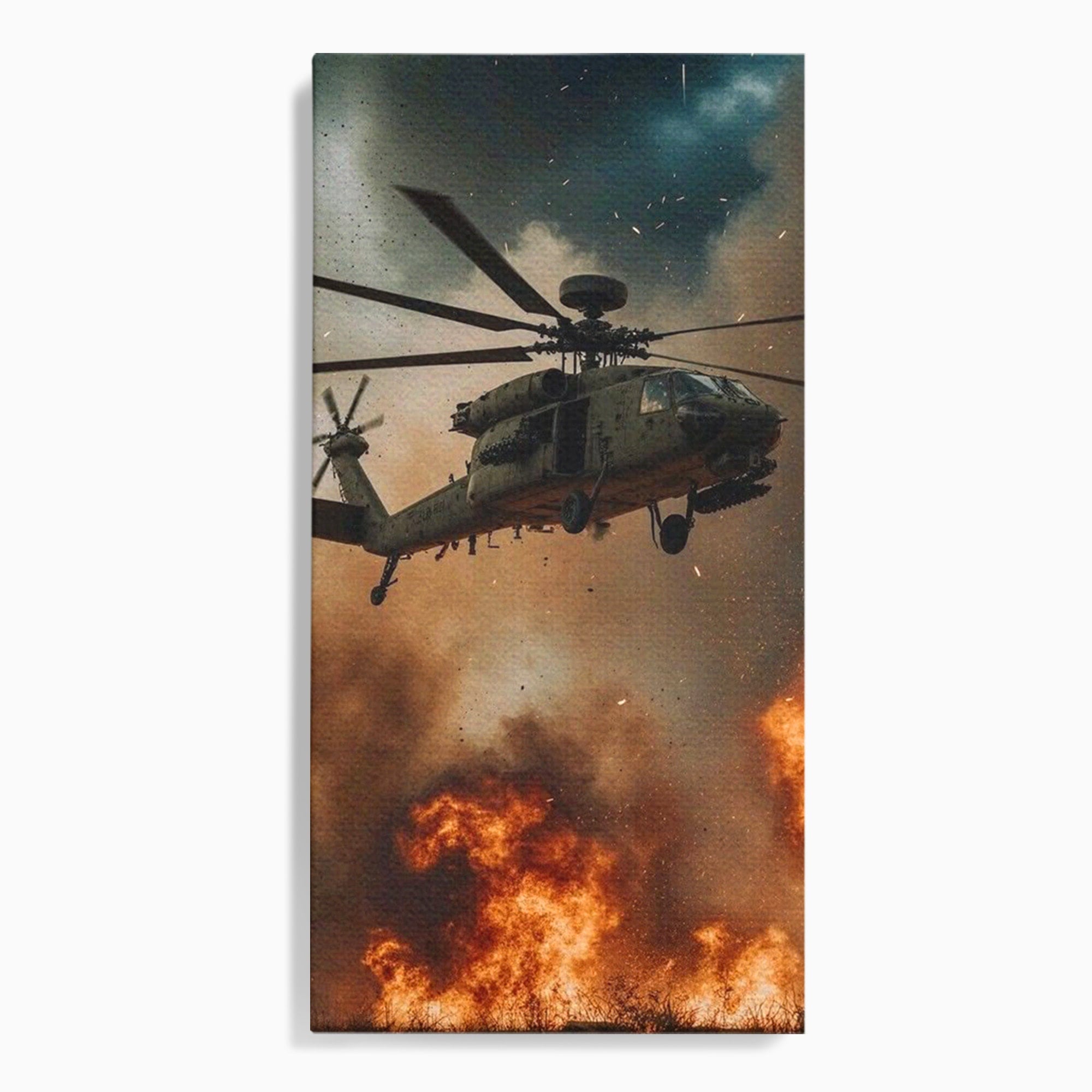Tablou Canvas Premium LuxCanva® PI1290, Elicopter In Actiune, Foc, Actiune, Explozie, Cer, Dramatic, Living, Culori Vibrante