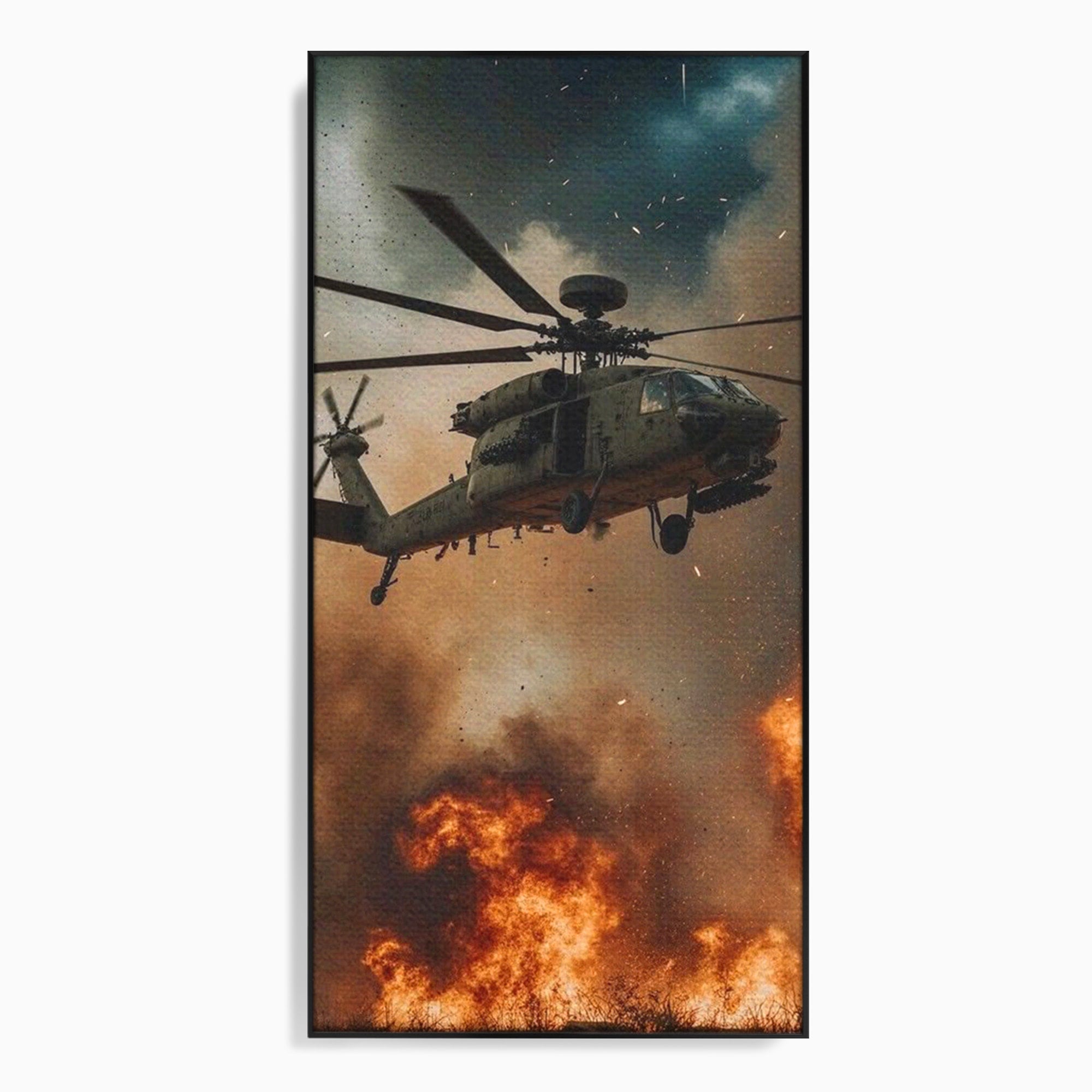 Tablou Canvas Premium LuxCanva® PI1290, Elicopter In Actiune, Foc, Actiune, Explozie, Cer, Dramatic, Living, Culori Vibrante
