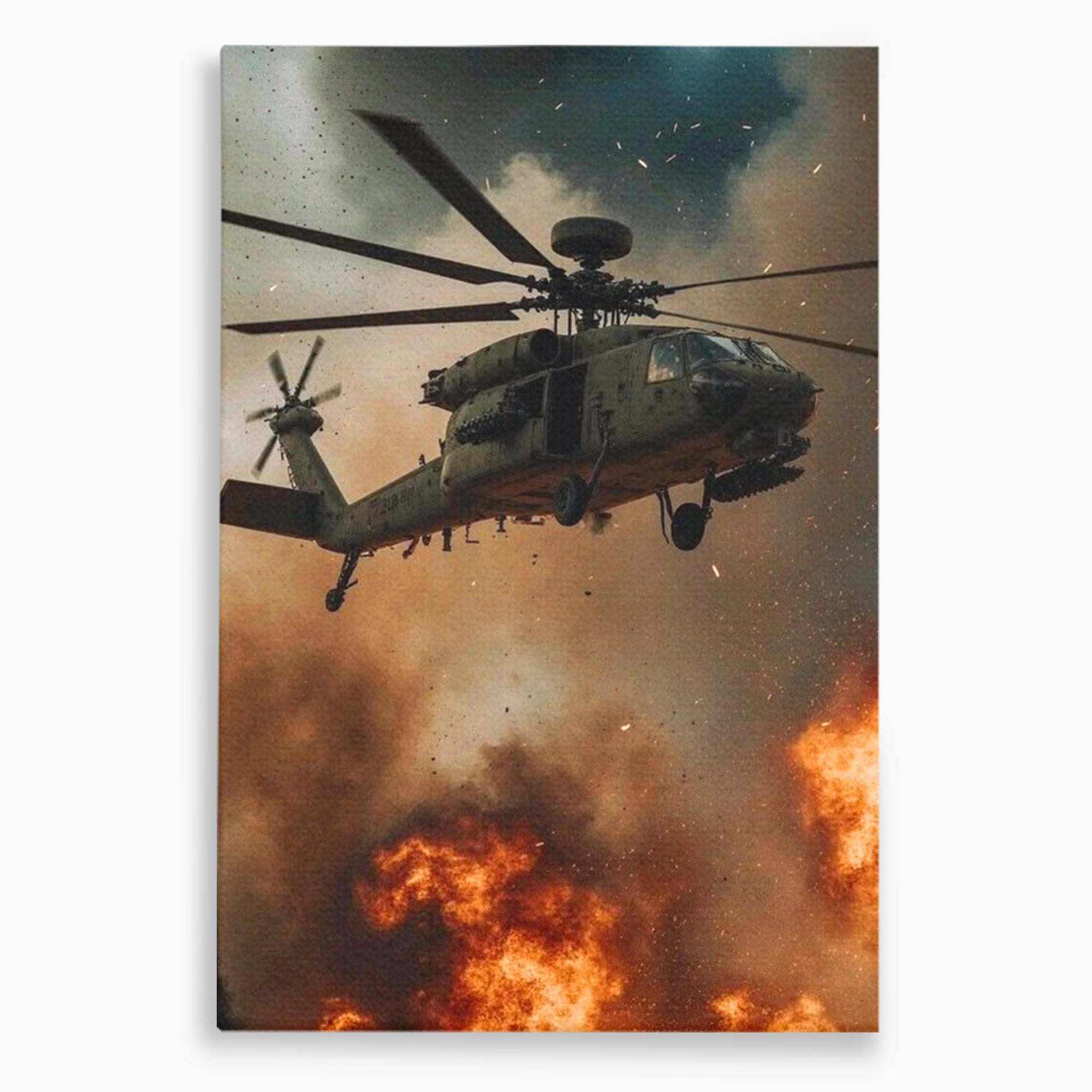 Tablou Canvas Premium LuxCanva® PI1290, Elicopter In Actiune, Foc, Actiune, Explozie, Cer, Dramatic, Living, Culori Vibrante