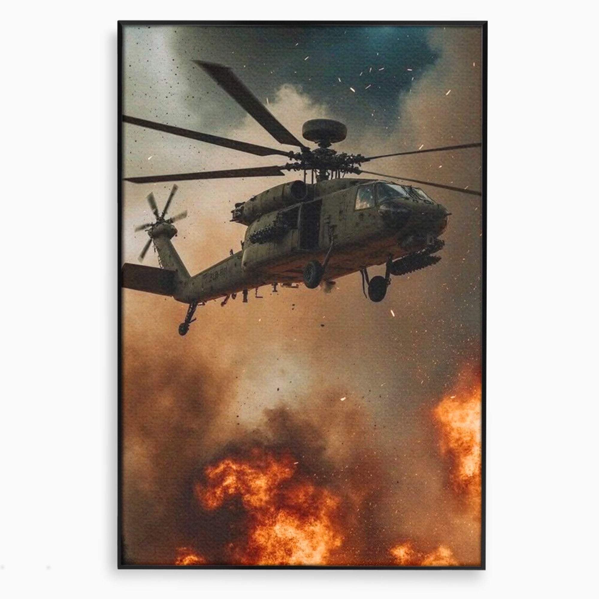 Tablou Canvas Premium LuxCanva® PI1290, Elicopter In Actiune, Foc, Actiune, Explozie, Cer, Dramatic, Living, Culori Vibrante