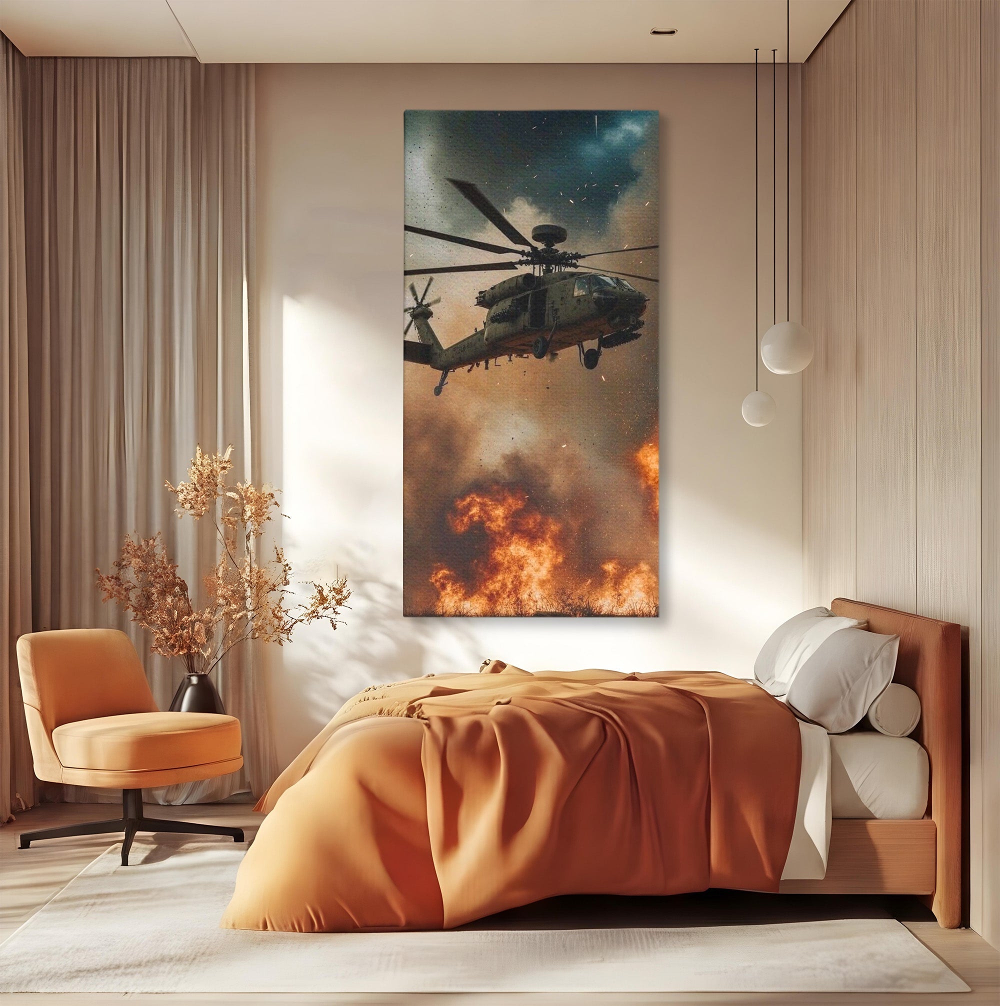 Tablou Canvas Premium LuxCanva® PI1290, Elicopter In Actiune, Foc, Actiune, Explozie, Cer, Dramatic, Living, Culori Vibrante