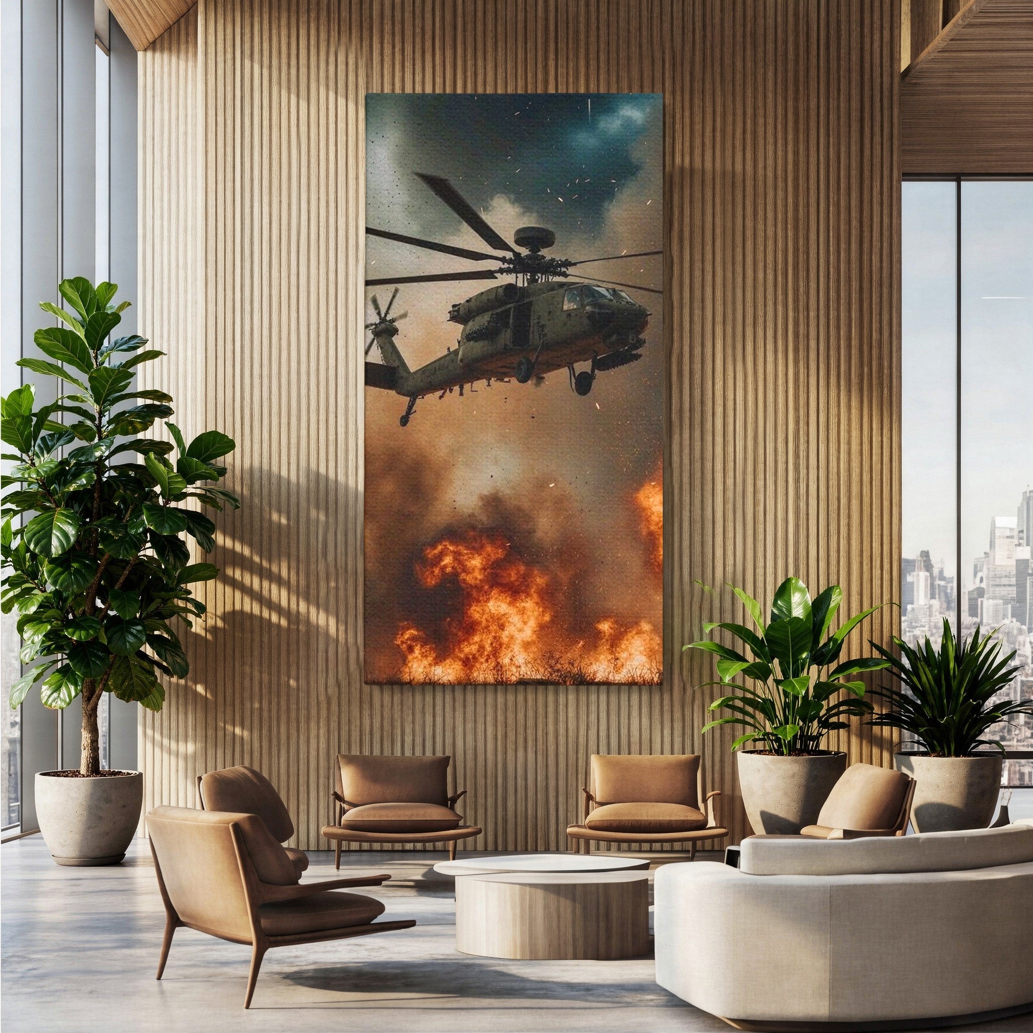 Tablou Canvas Premium LuxCanva® PI1290, Elicopter In Actiune, Foc, Actiune, Explozie, Cer, Dramatic, Living, Culori Vibrante