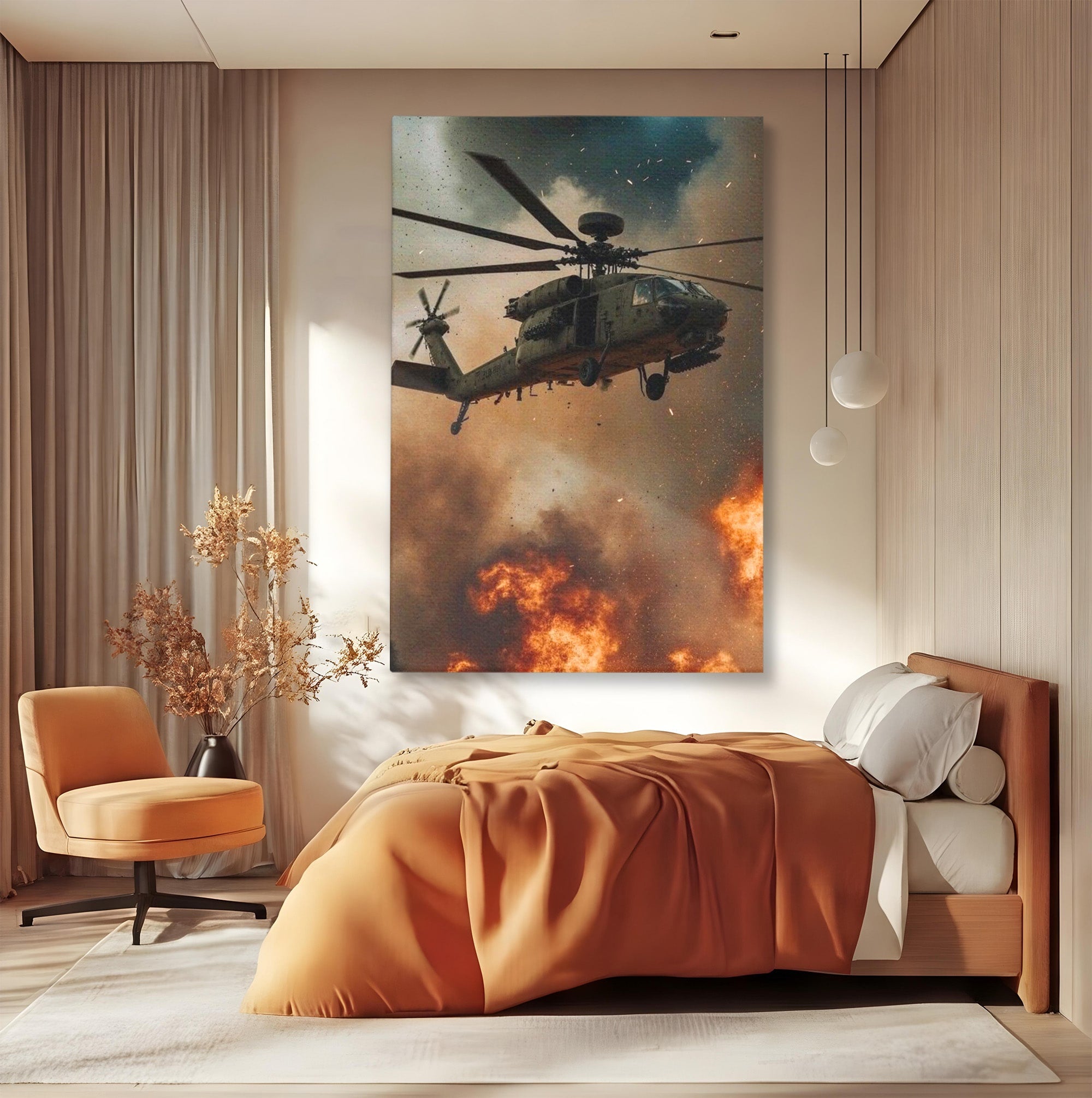 Tablou Canvas Premium LuxCanva® PI1290, Elicopter In Actiune, Foc, Actiune, Explozie, Cer, Dramatic, Living, Culori Vibrante