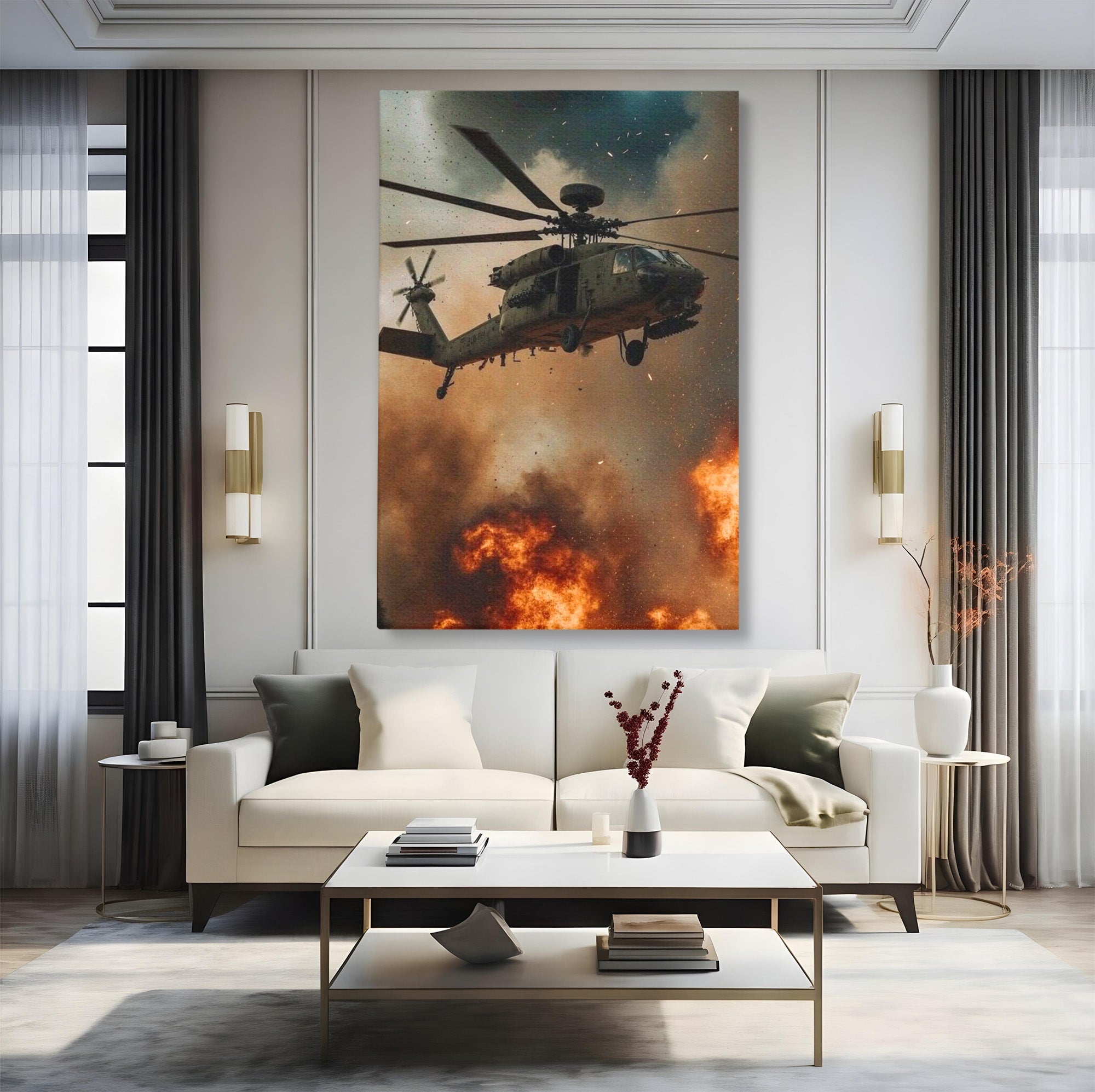 Tablou Canvas Premium LuxCanva® PI1290, Elicopter In Actiune, Foc, Actiune, Explozie, Cer, Dramatic, Living, Culori Vibrante