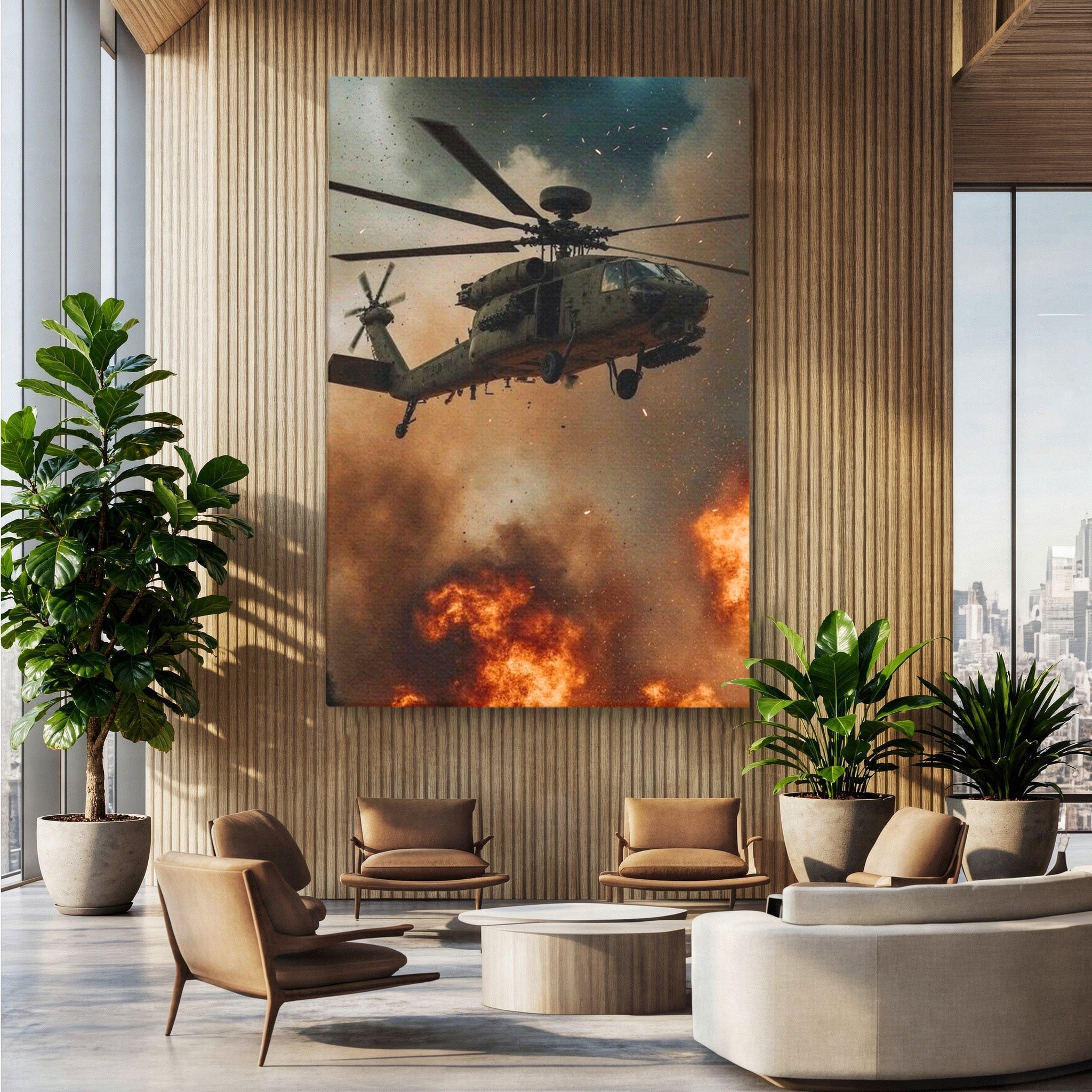 Tablou Canvas Premium LuxCanva® PI1290, Elicopter In Actiune, Foc, Actiune, Explozie, Cer, Dramatic, Living, Culori Vibrante