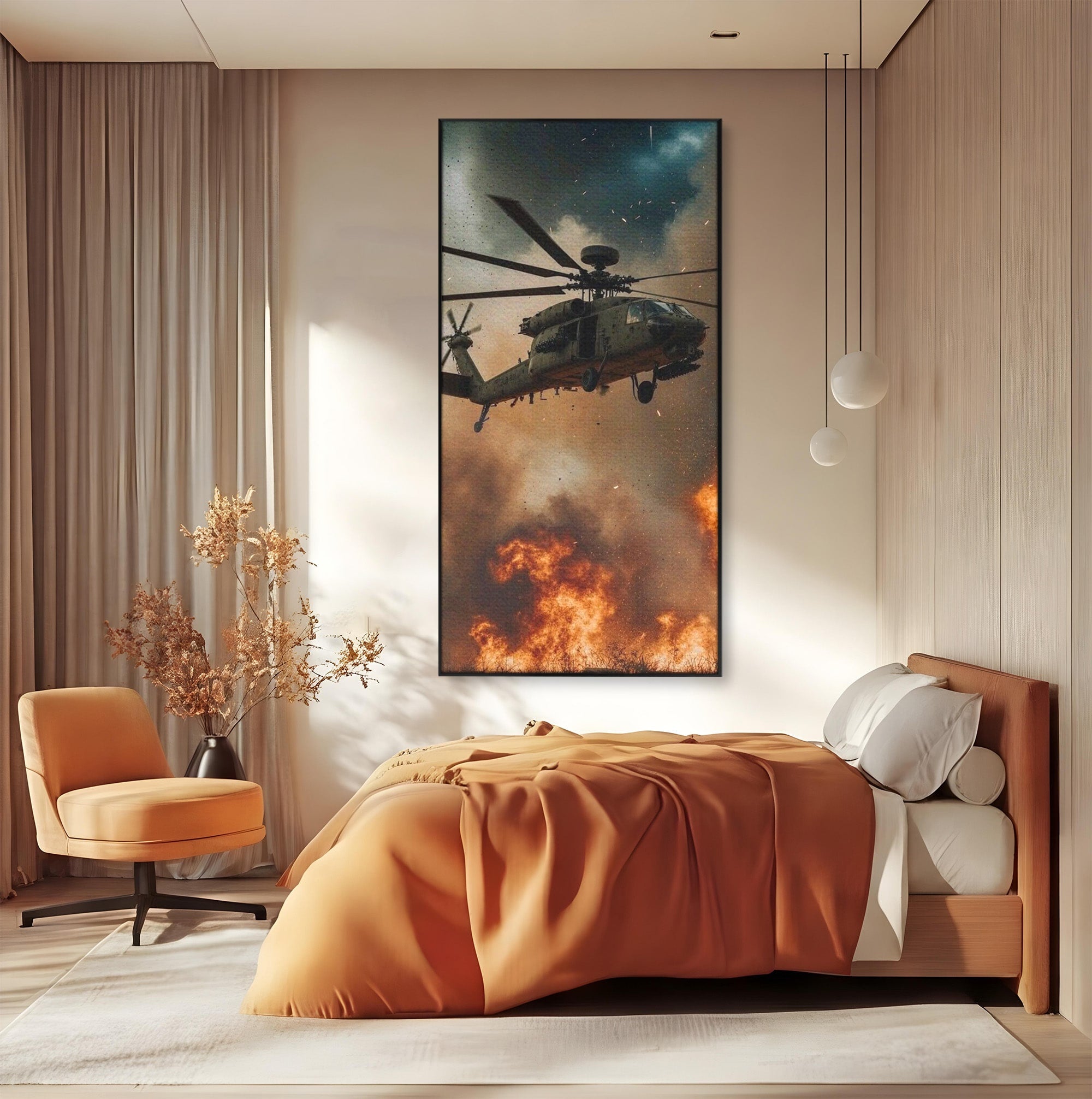 Tablou Canvas Premium LuxCanva® PI1290, Elicopter In Actiune, Foc, Actiune, Explozie, Cer, Dramatic, Living, Culori Vibrante