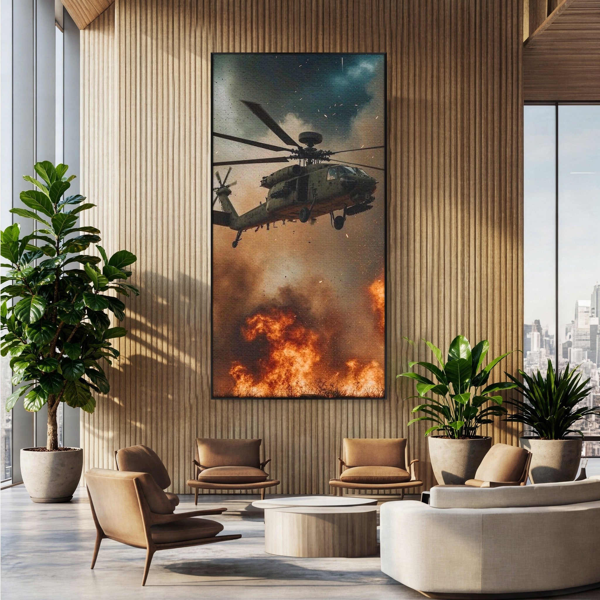Tablou Canvas Premium LuxCanva® PI1290, Elicopter In Actiune, Foc, Actiune, Explozie, Cer, Dramatic, Living, Culori Vibrante