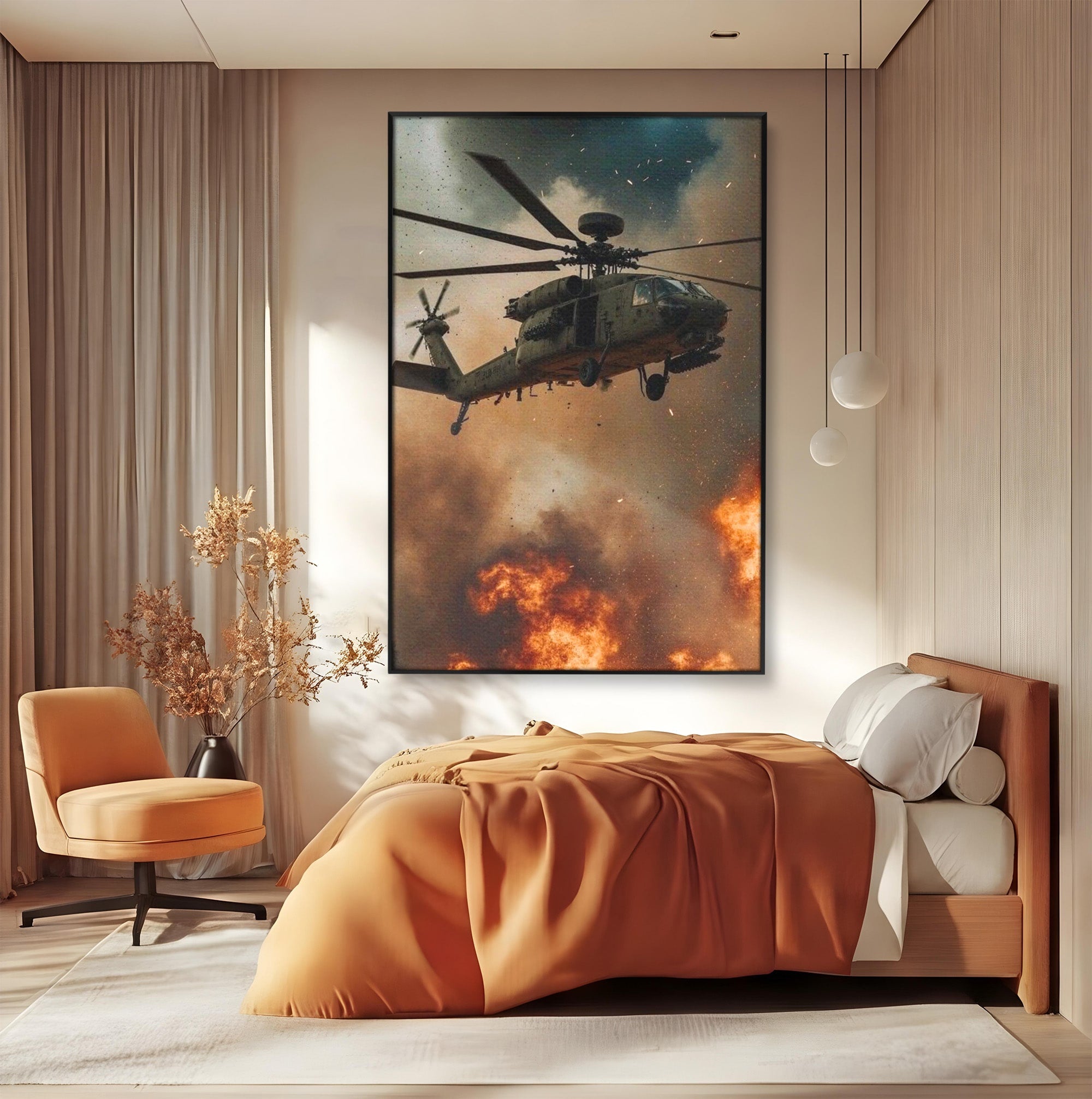 Tablou Canvas Premium LuxCanva® PI1290, Elicopter In Actiune, Foc, Actiune, Explozie, Cer, Dramatic, Living, Culori Vibrante