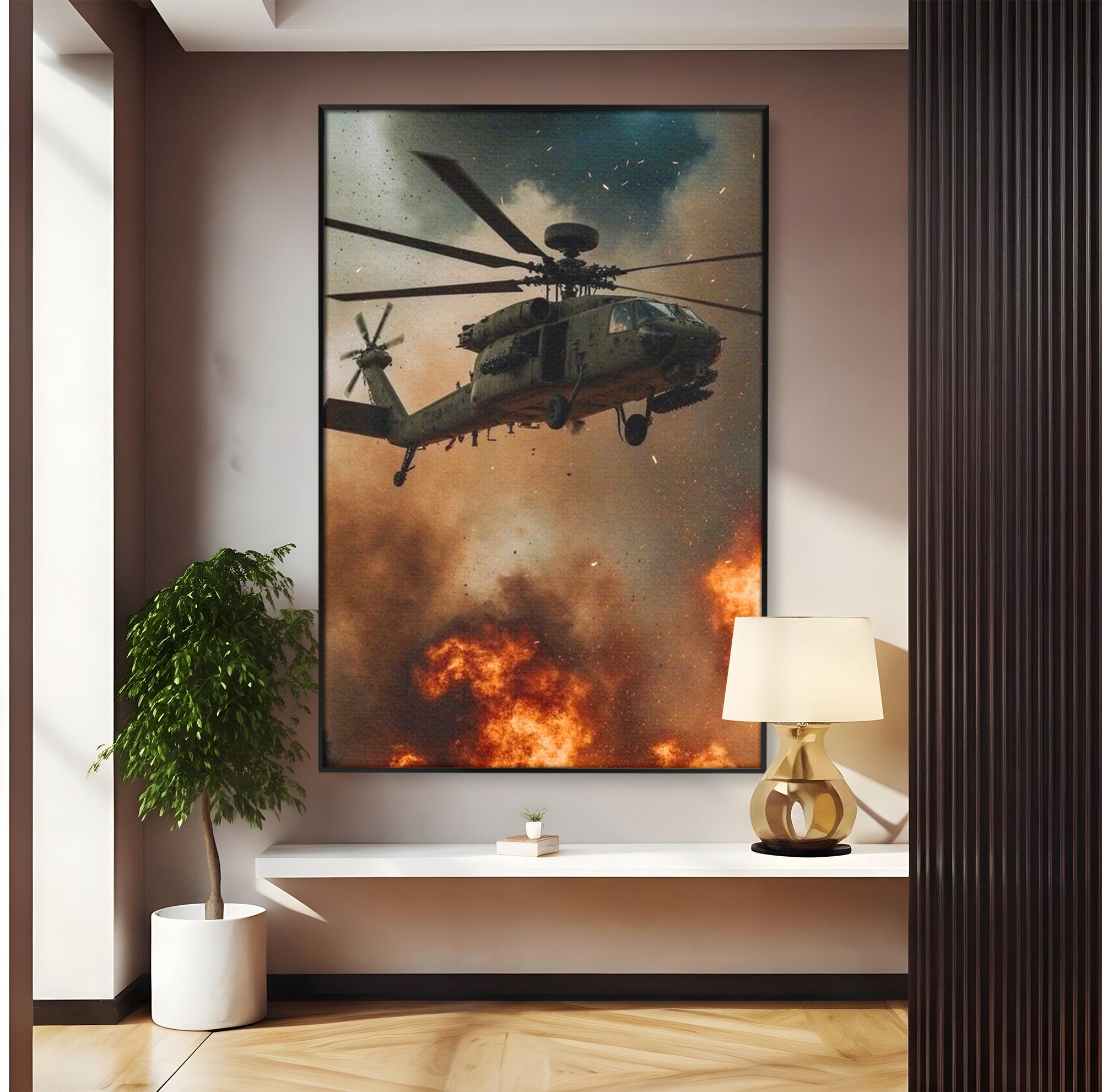 Tablou Canvas Premium LuxCanva® PI1290, Elicopter In Actiune, Foc, Actiune, Explozie, Cer, Dramatic, Living, Culori Vibrante