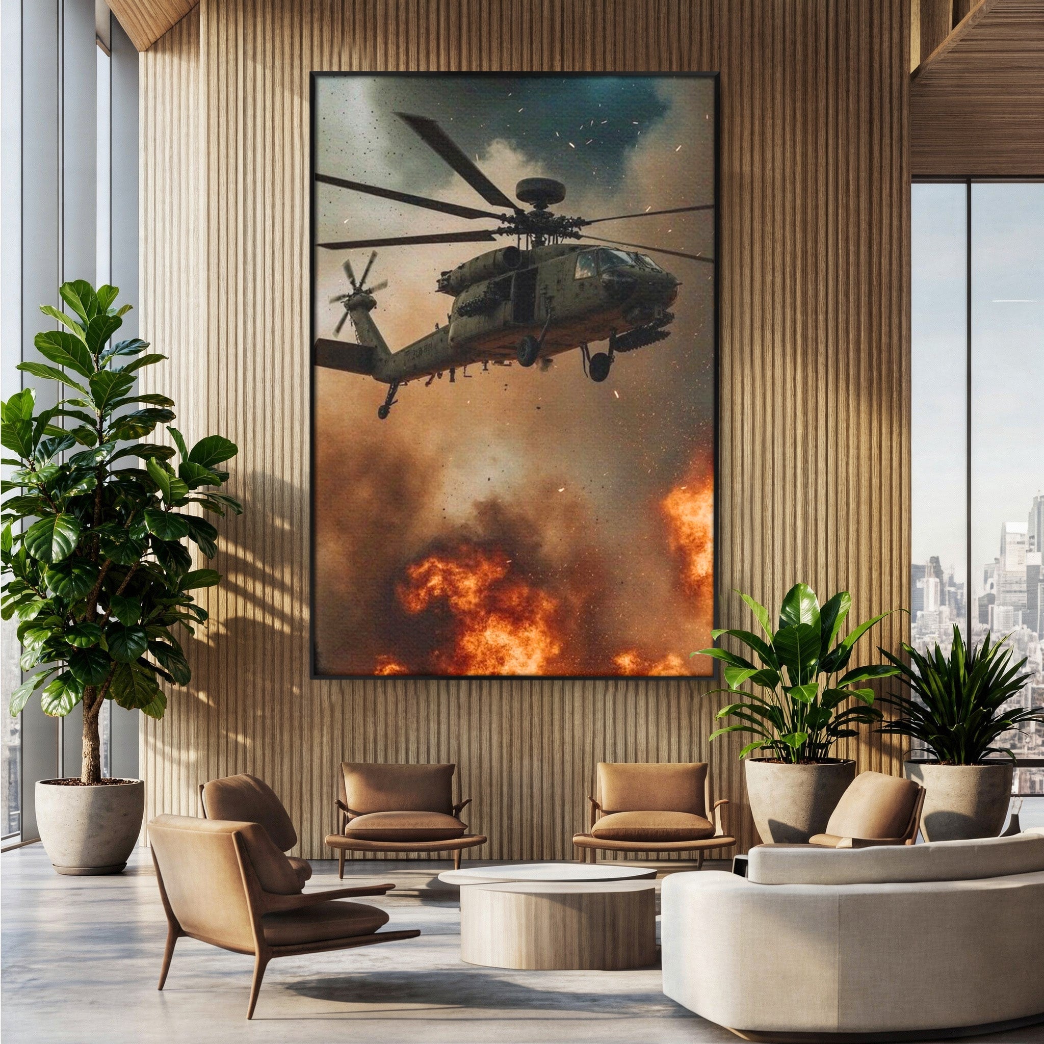 Tablou Canvas Premium LuxCanva® PI1290, Elicopter In Actiune, Foc, Actiune, Explozie, Cer, Dramatic, Living, Culori Vibrante