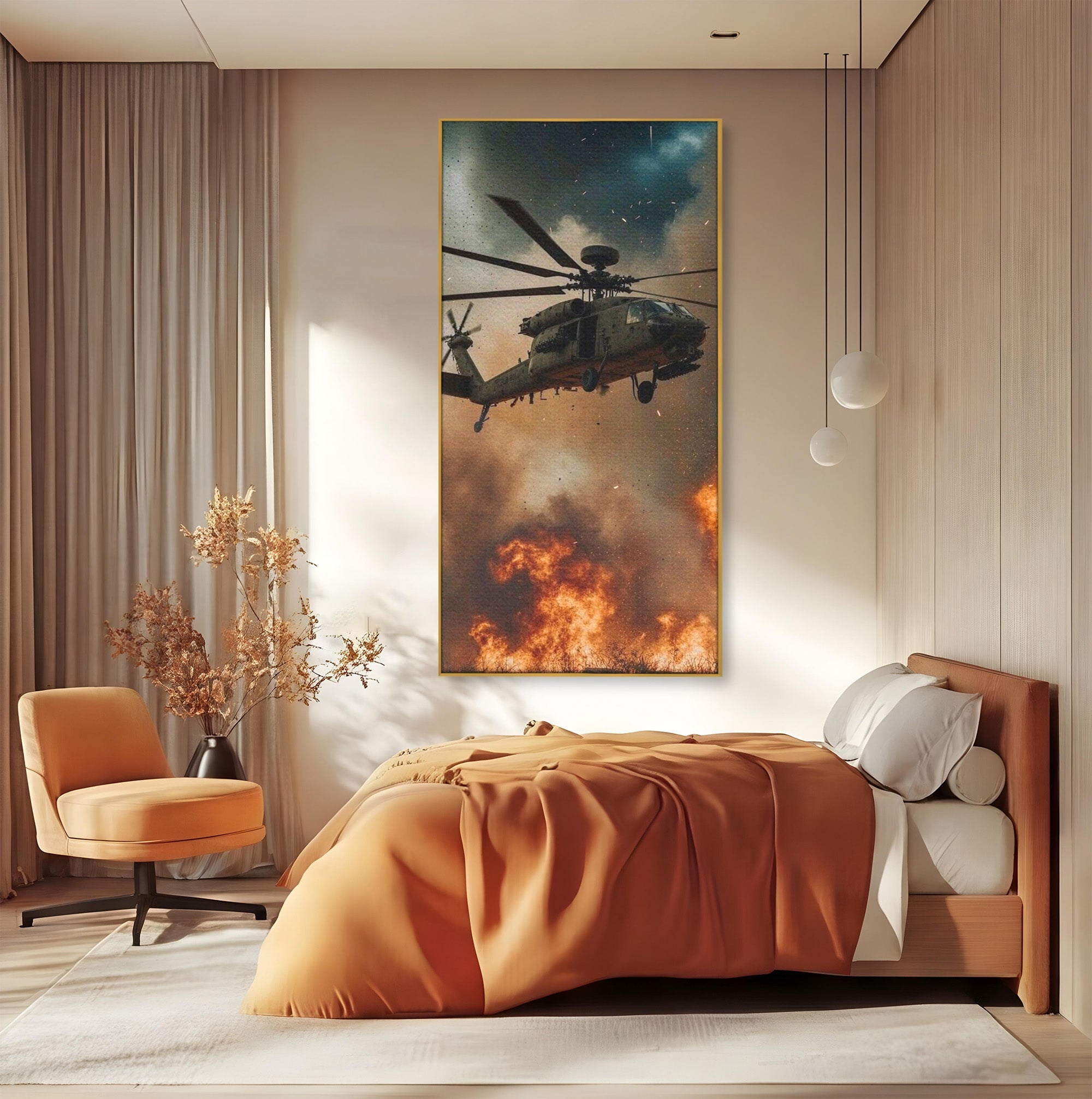 Tablou Canvas Premium LuxCanva® PI1290, Elicopter In Actiune, Foc, Actiune, Explozie, Cer, Dramatic, Living, Culori Vibrante