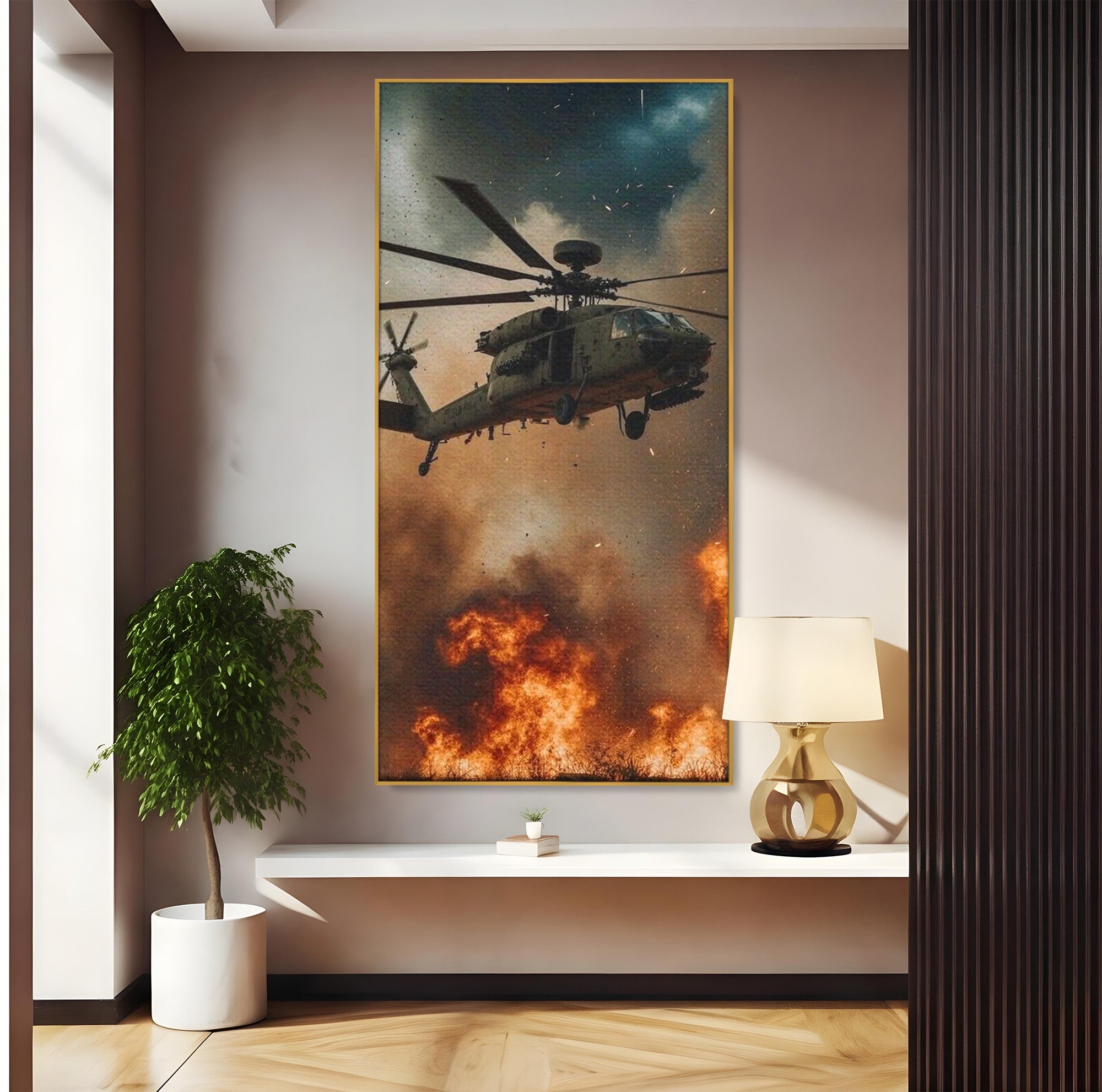 Tablou Canvas Premium LuxCanva® PI1290, Elicopter In Actiune, Foc, Actiune, Explozie, Cer, Dramatic, Living, Culori Vibrante