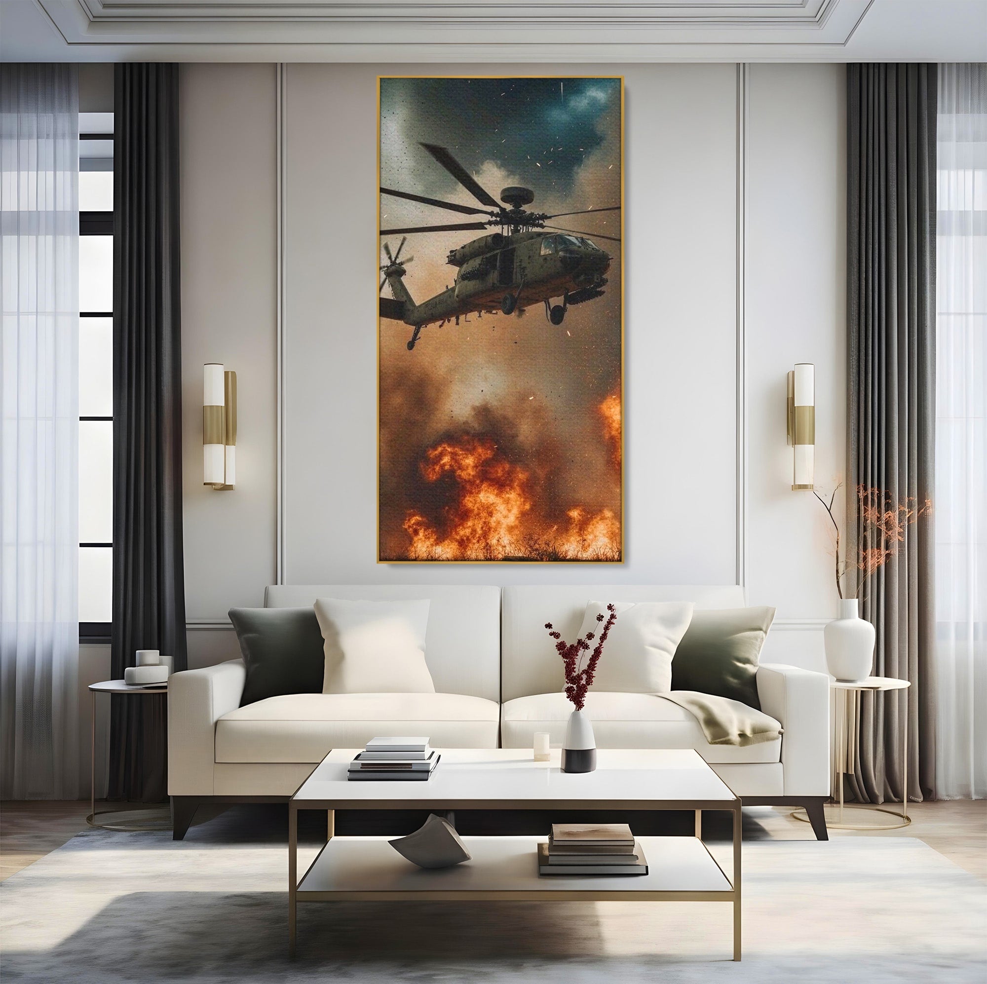 Tablou Canvas Premium LuxCanva® PI1290, Elicopter In Actiune, Foc, Actiune, Explozie, Cer, Dramatic, Living, Culori Vibrante