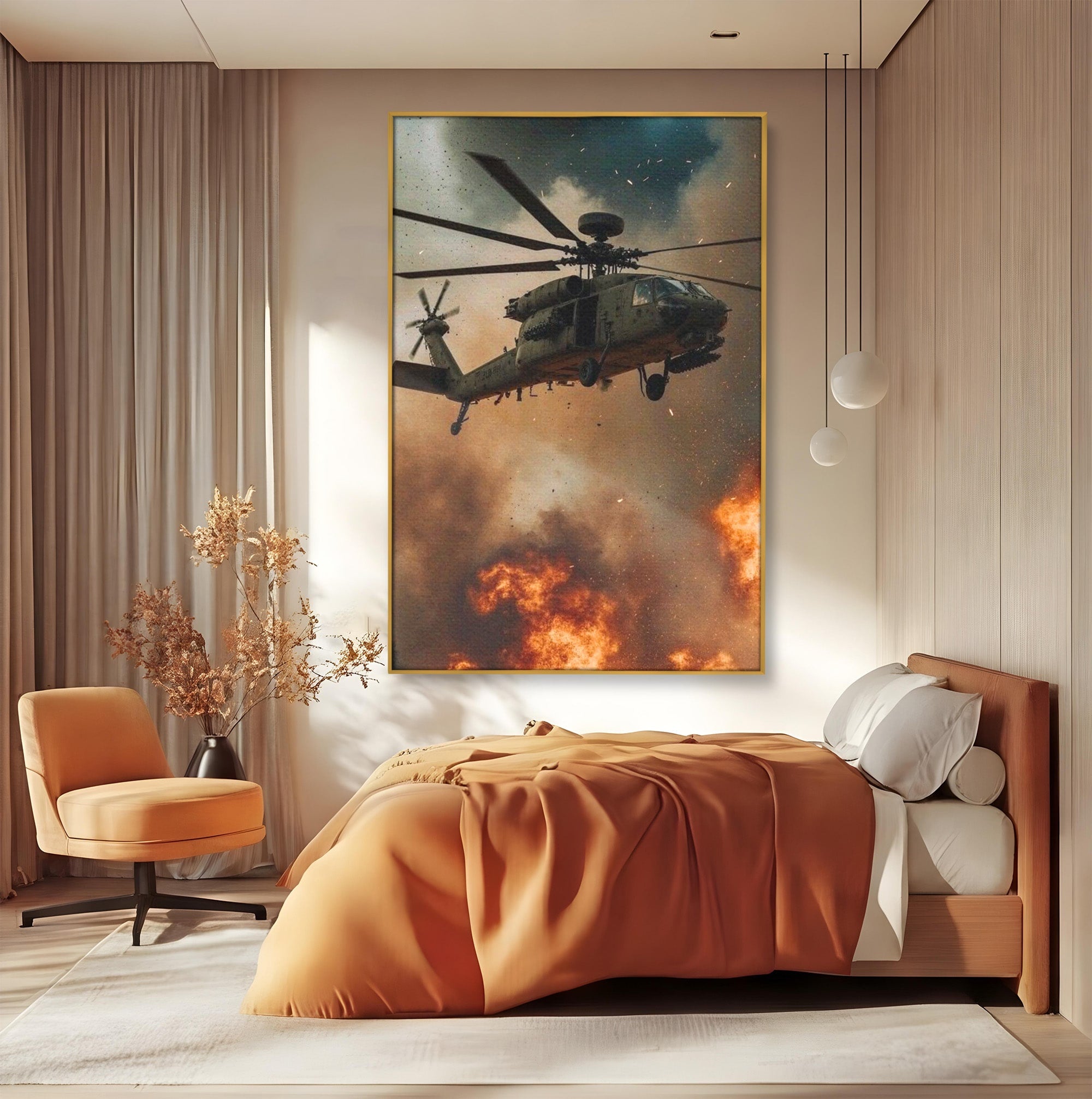 Tablou Canvas Premium LuxCanva® PI1290, Elicopter In Actiune, Foc, Actiune, Explozie, Cer, Dramatic, Living, Culori Vibrante