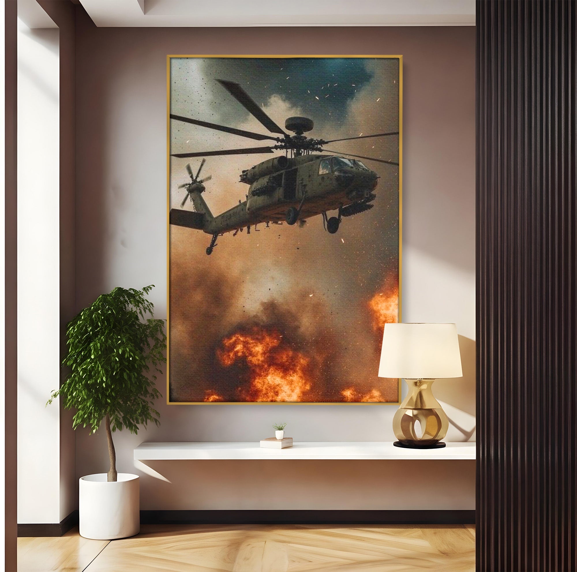 Tablou Canvas Premium LuxCanva® PI1290, Elicopter In Actiune, Foc, Actiune, Explozie, Cer, Dramatic, Living, Culori Vibrante